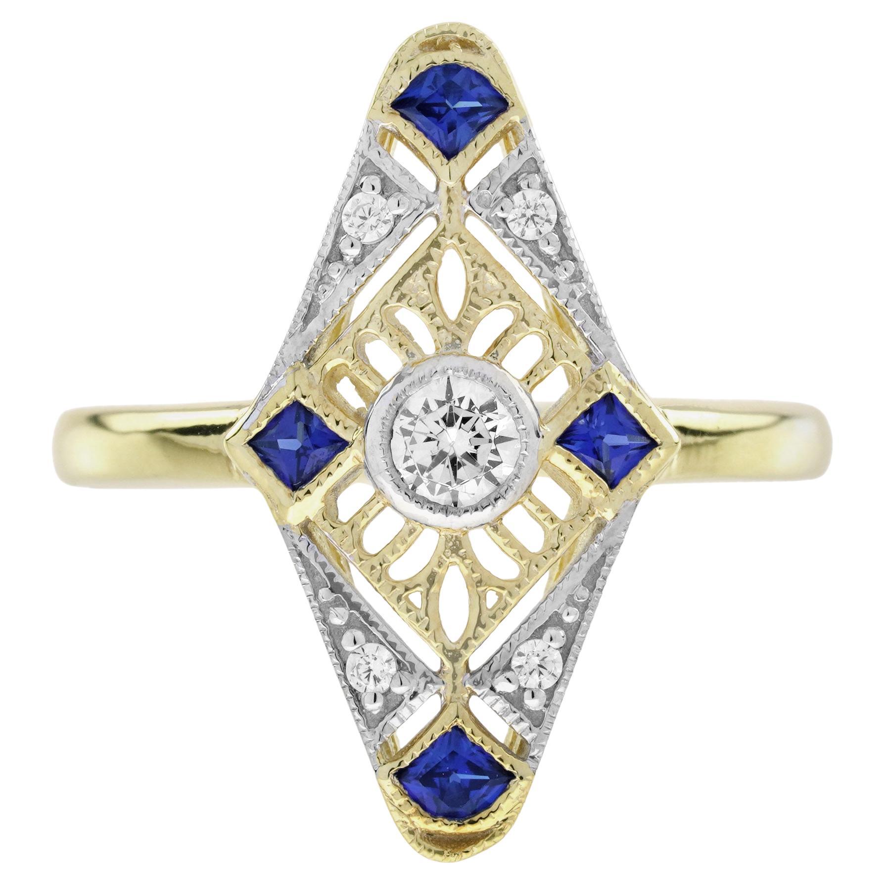 Diamond and Sapphire Art Deco Style Ring in 14K Yellow Gold For Sale