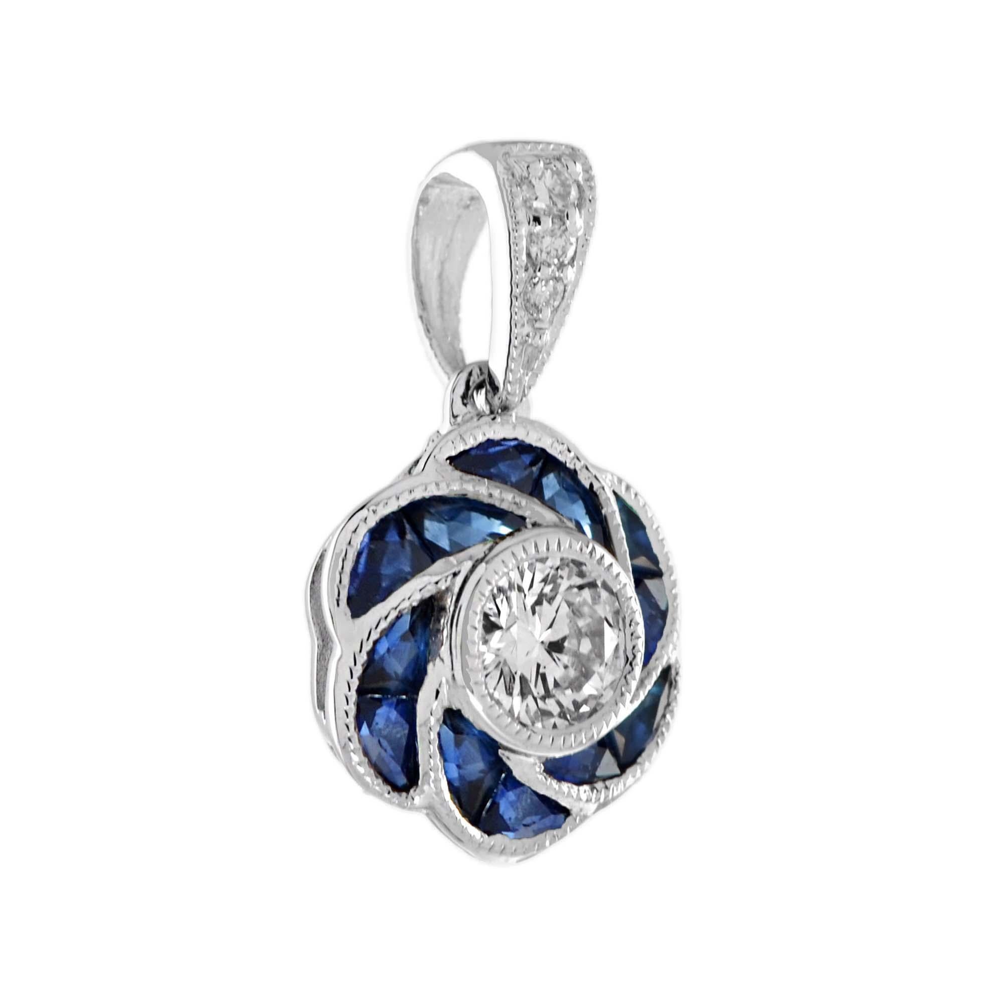 Ein atemberaubender, rund geschliffener Diamant steht im Mittelpunkt, umgeben von Saphirblättern, die ein elegantes, rosafarbenes Blumenmuster bilden. Dieser vom Art-déco-Stil inspirierte Anhänger kombiniert klassisches Funkeln mit leuchtend blauen