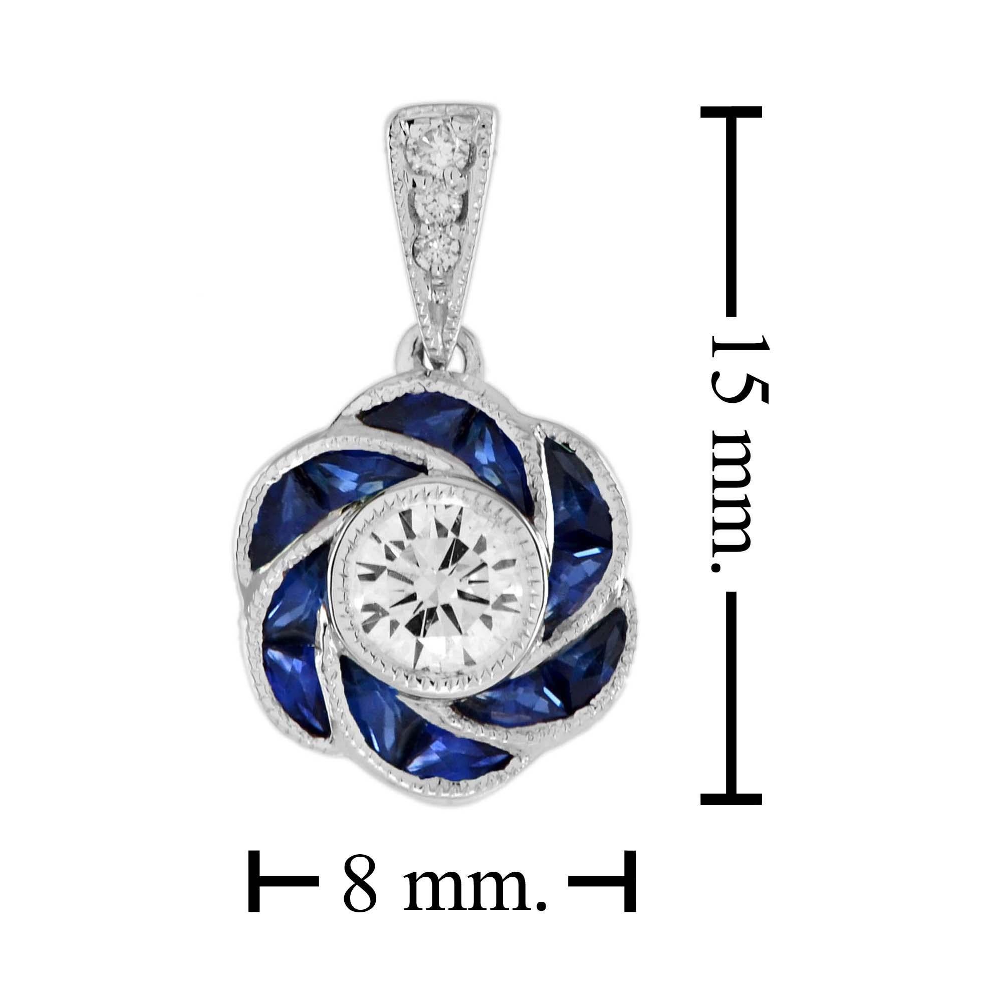 Diamant- und Saphir-Anhänger im Art-d�éco-Stil mit Rosenblüten aus 18 Karat Weißgold (Rundschliff) im Angebot