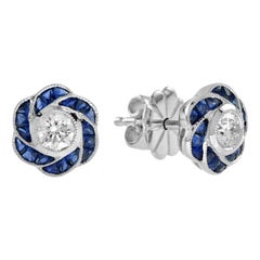 Boucles d'oreilles en or 18 carats avec diamant et saphir de style Art Déco et fleur de rose