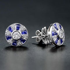Diamond and Sapphire Art Deco Style Stud Earrings in 18K White Gold