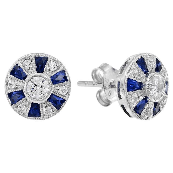 Diamond and Sapphire Art Deco Style Stud Earrings in 18K White Gold For Sale
