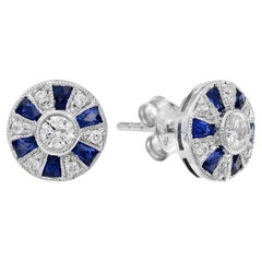 Diamond and Sapphire Art Deco Style Stud Earrings in 18K White Gold