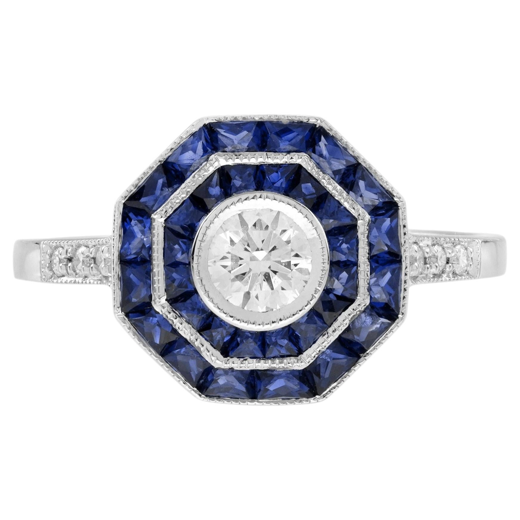 Verlobungsring mit Diamant und Saphir im Art-Deco-Stil aus 18 Karat Weißgold