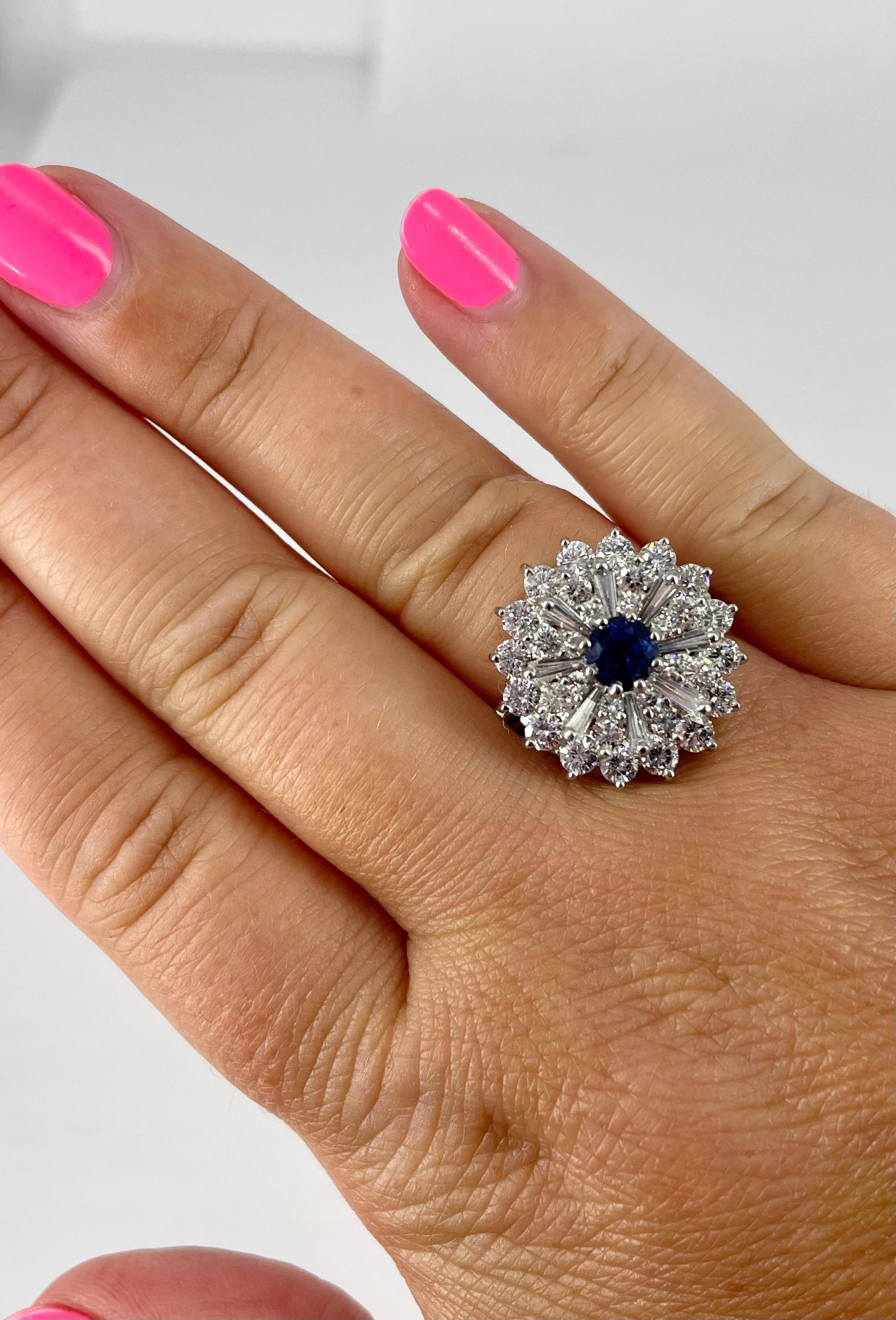 This handmade ring from the J. Birnbach vault features a dazzling array of diamonds with a velvety blue, sapphire center.  The intricate, three row halo is comprised of 32 G/H VS round brilliant cut diamonds = approximately 1.92 carat total weight