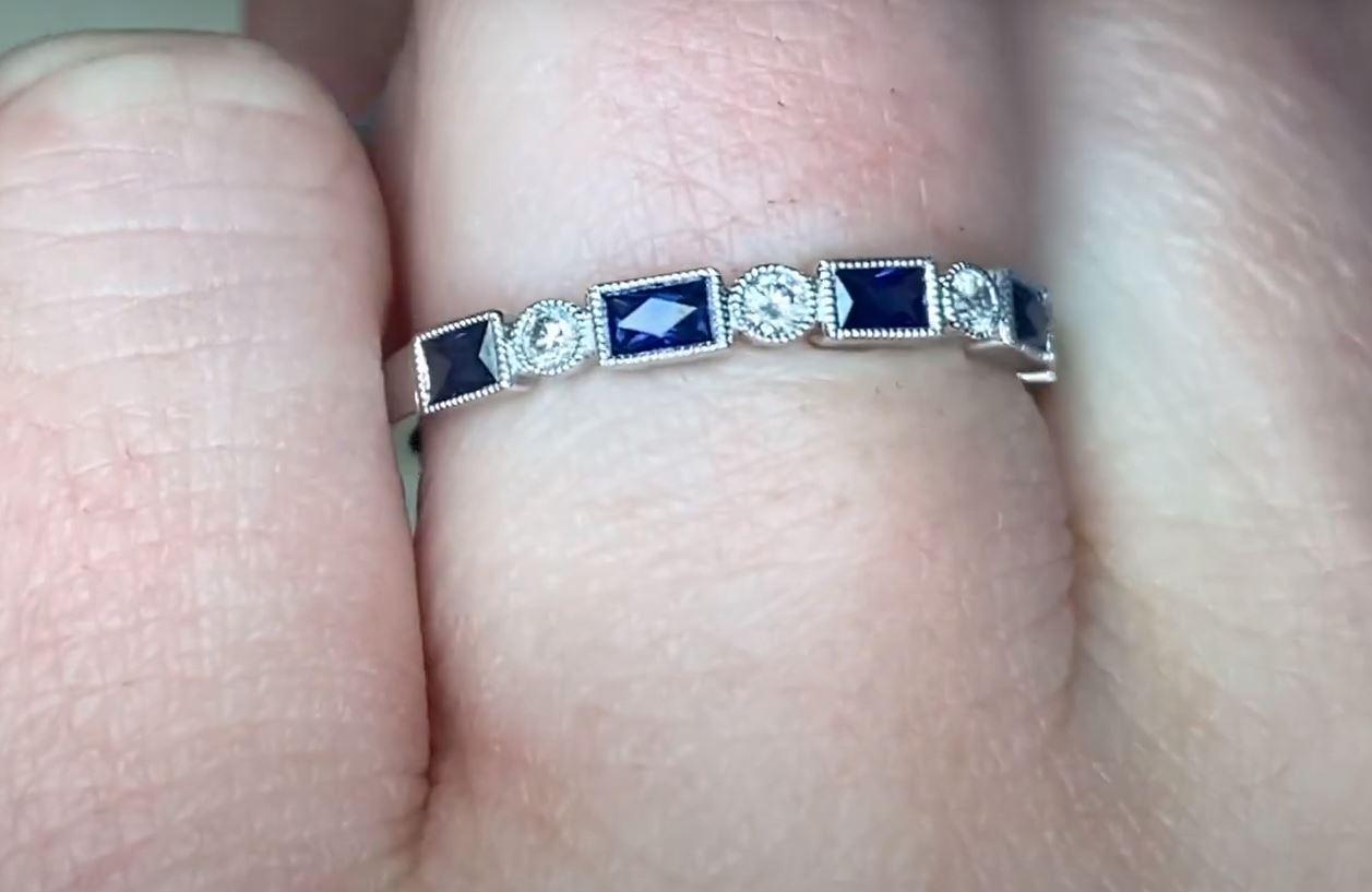Baguette Cut Diamond and Sapphire Band Ring, Platinum For Sale