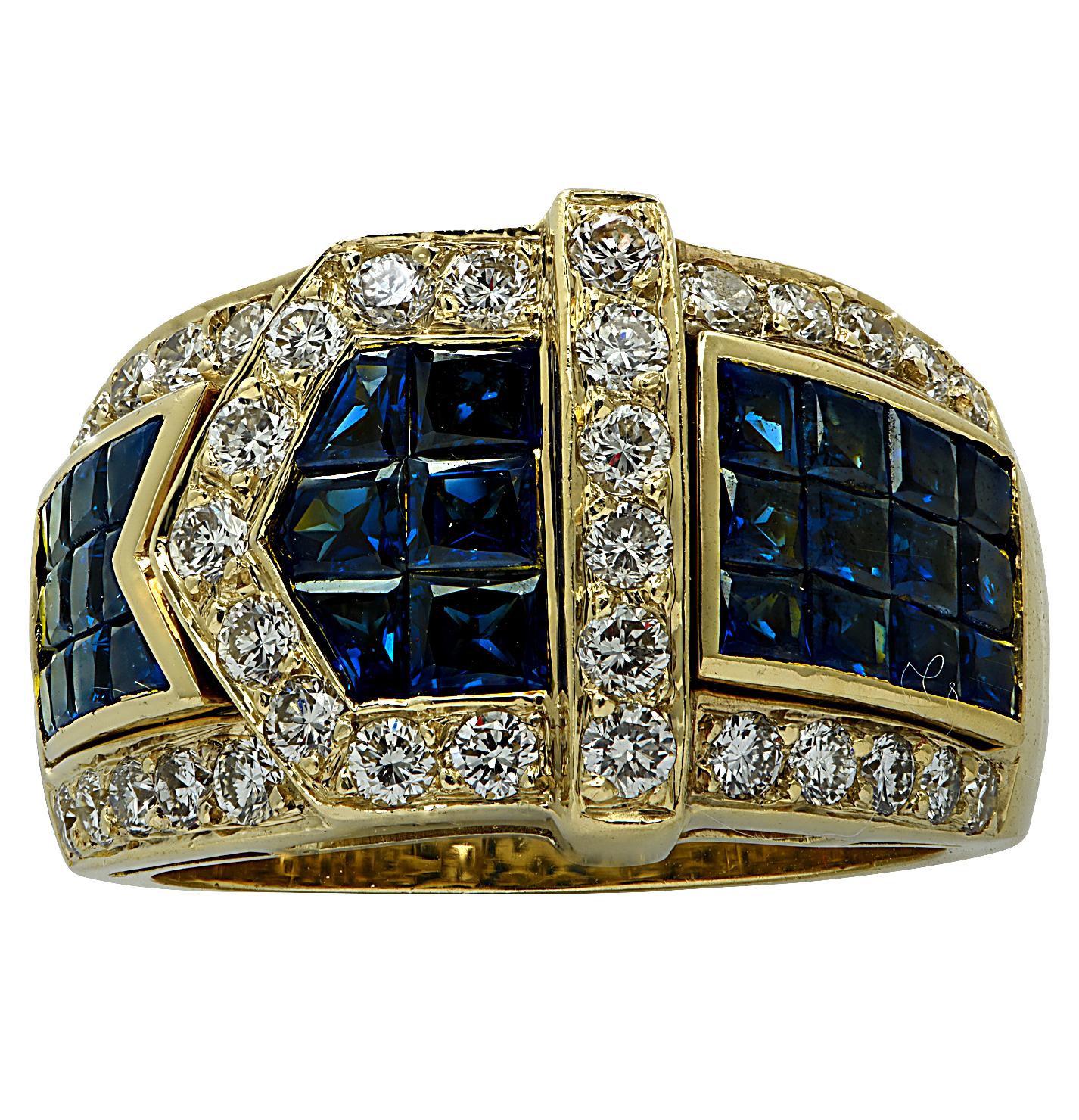 Enchanting ring crafted in 18 karat yellow gold, featuring 30 Sapphires weighing approximately 1.80 carats total, and 25 round brilliant cut diamonds weighing approximately 1 carat total, G color, VS clarity. The ring is fashioned into a belt, with