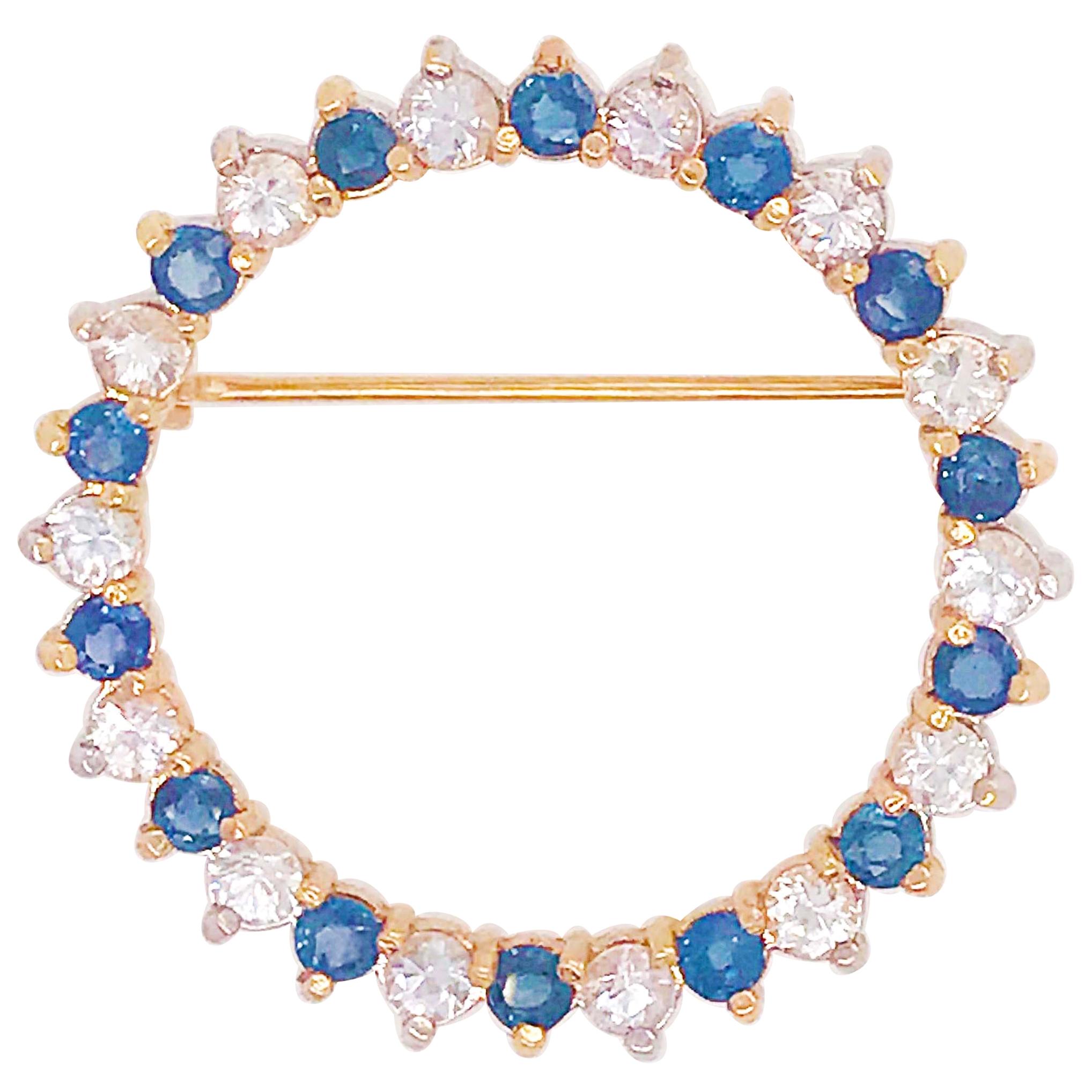 Diamond and Sapphire Brooch, Blue, 3.25 Carat 14 Karat Yellow Gold Brooch/Pin