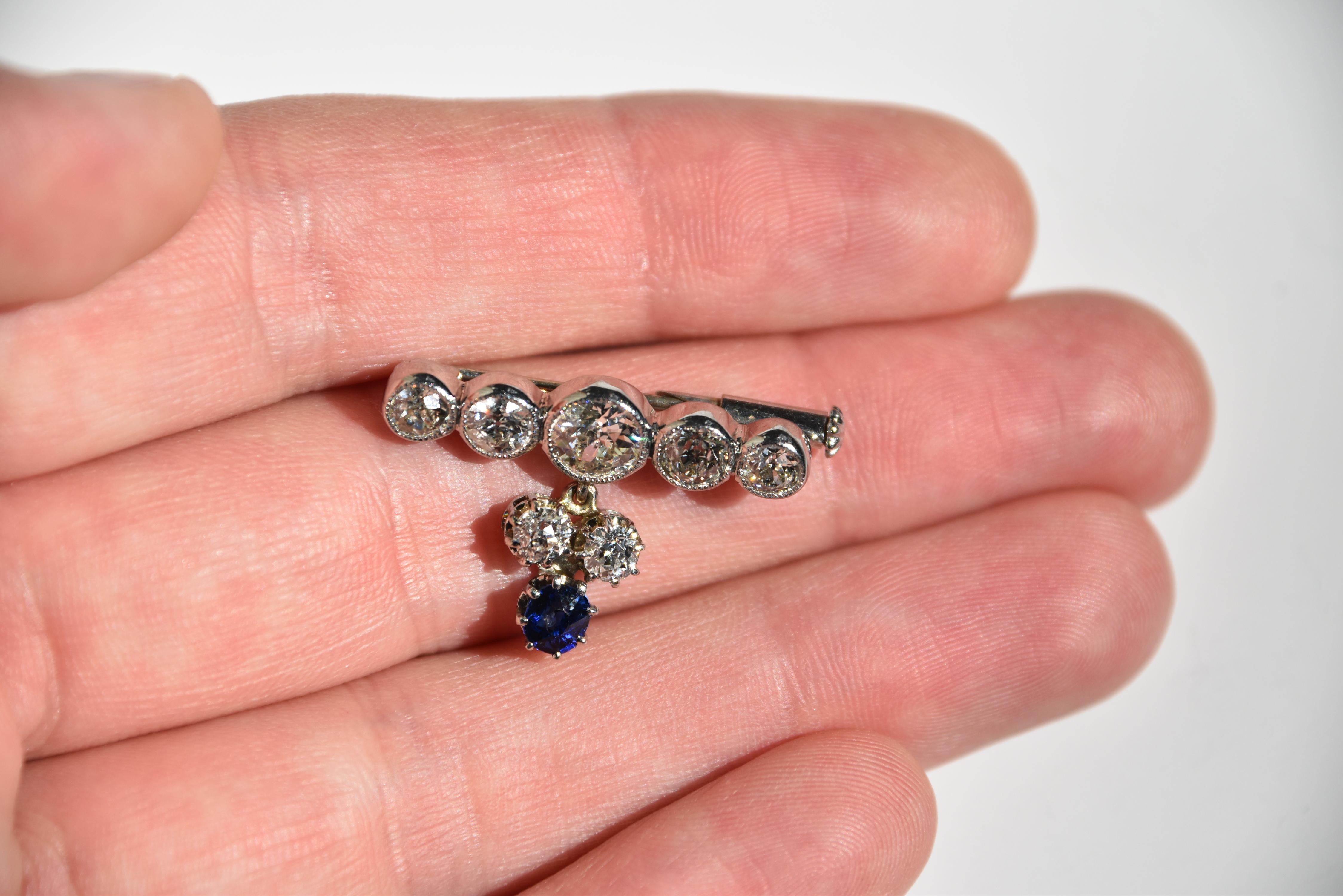 Brilliant Cut Diamond and Sapphire Brooch For Sale