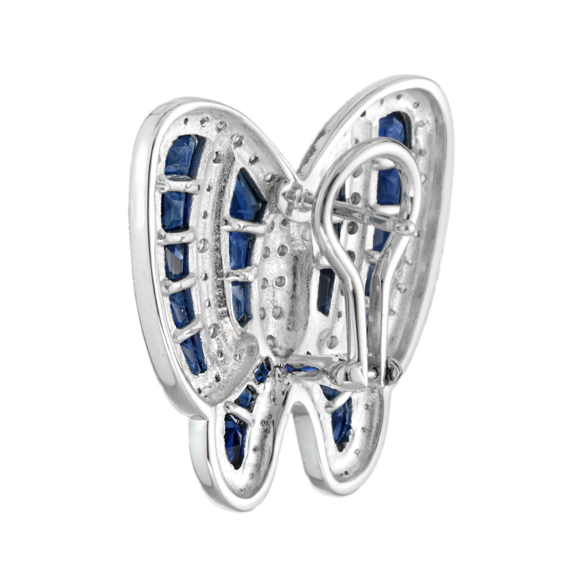 Round Cut Diamond and Sapphire Butterfly Earrings in 18k White Gold For Sale