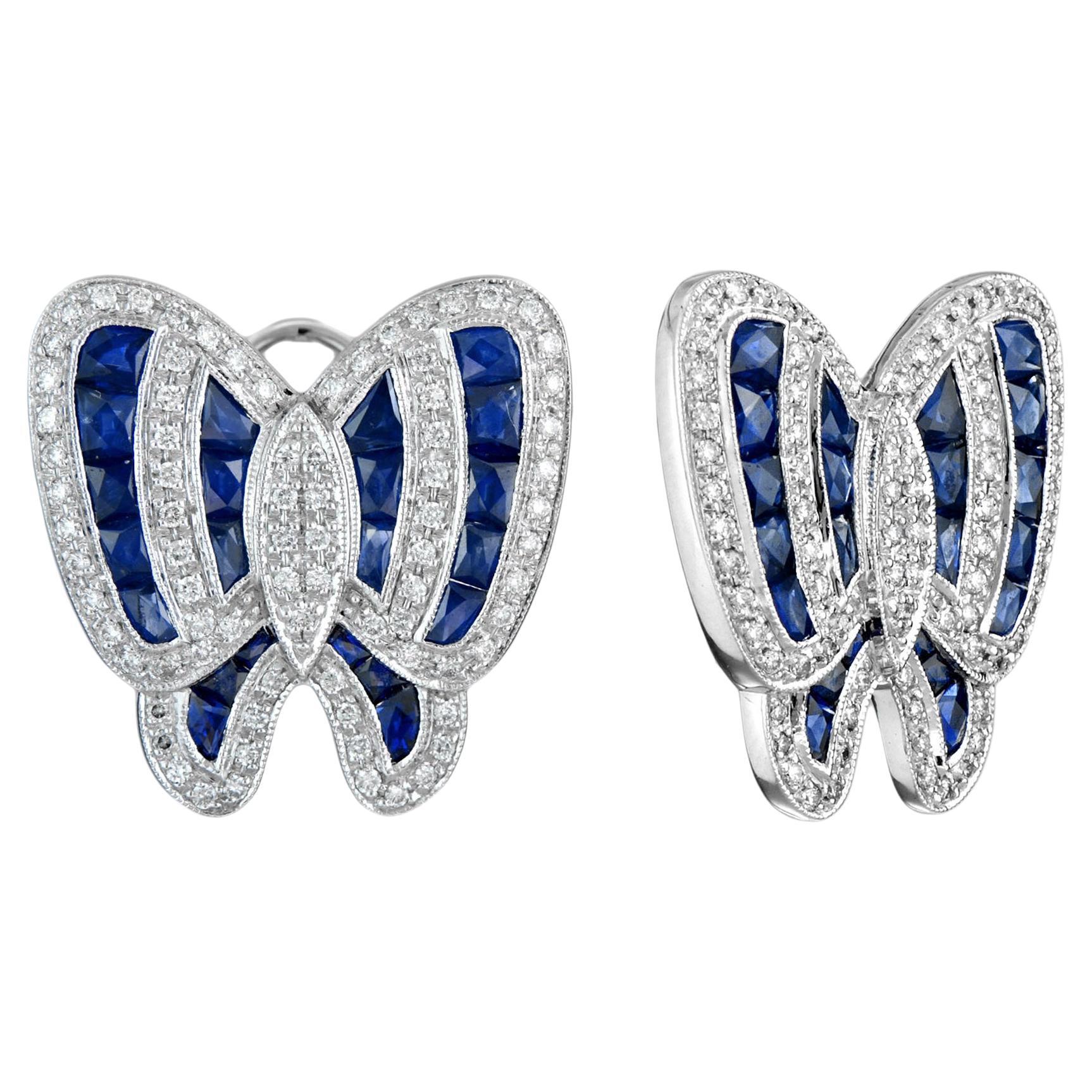 Diamond and Sapphire Butterfly Earrings in 18k White Gold For Sale