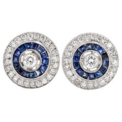 Diamond and Sapphire Button Style Double Halo Stud Earrings
