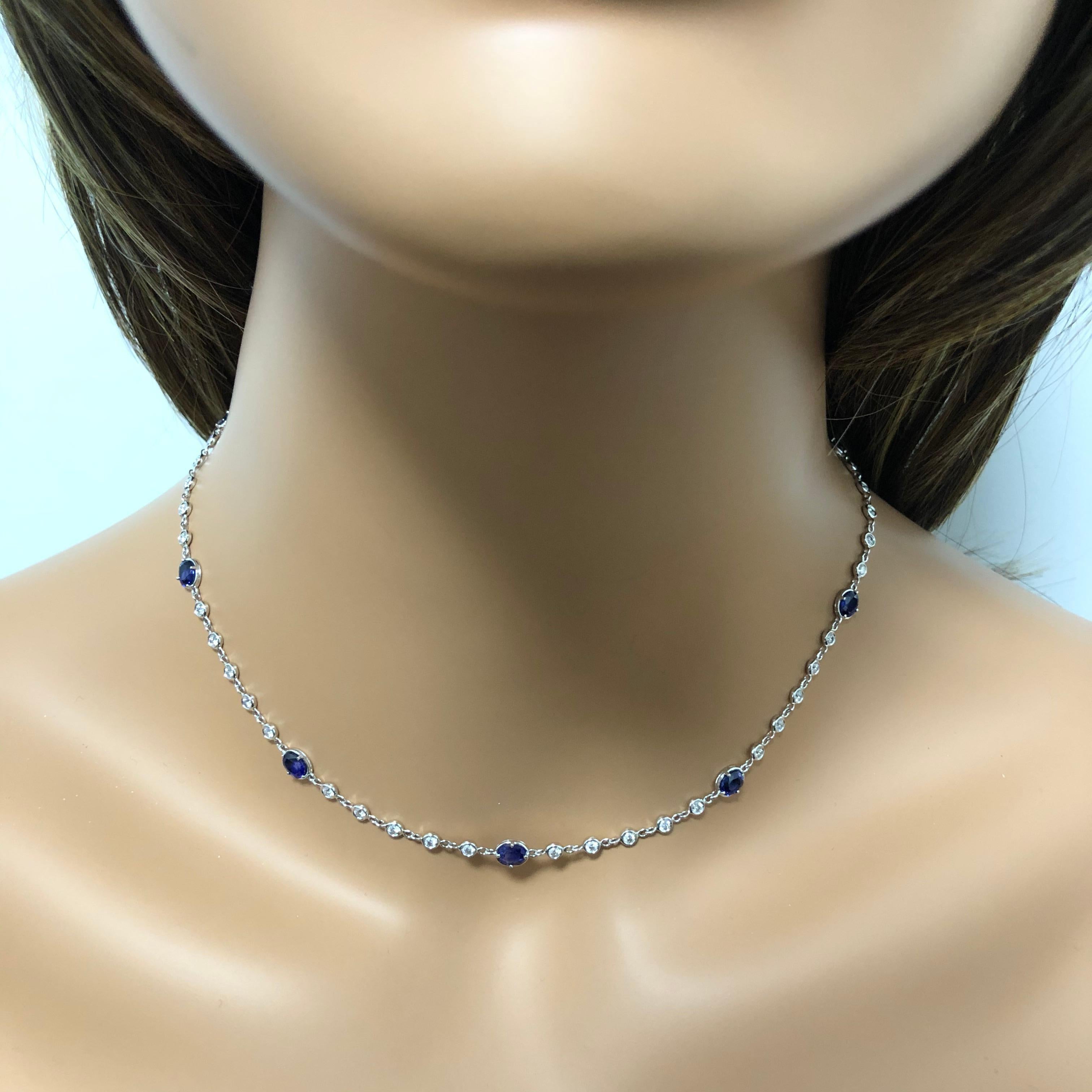Oval Cut Roman Malakov 4.00 Carats Total Blue Sapphire Diamond by Yard Necklace