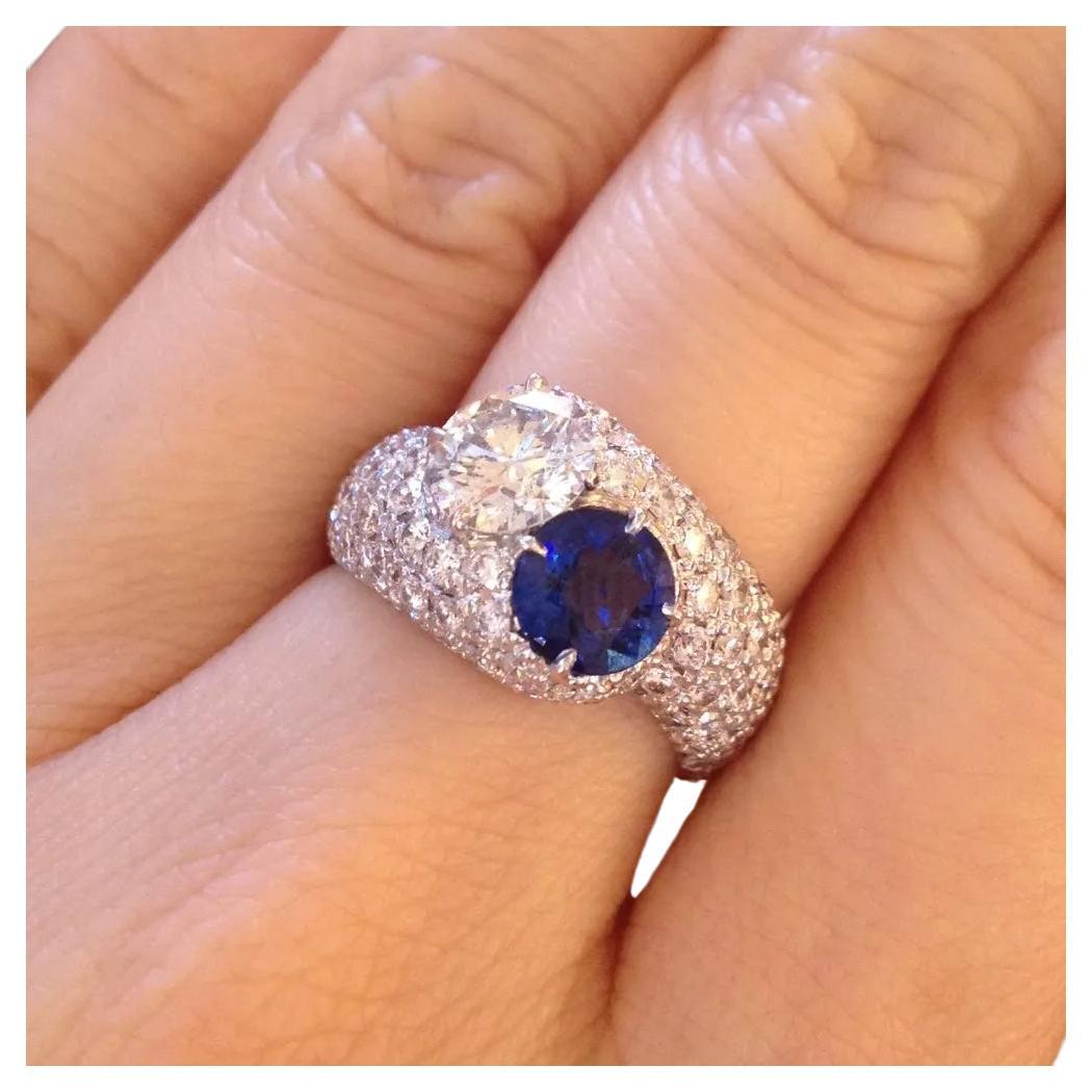 Diamond and Sapphire Bypass Pavé Ring in 18k White Gold For Sale