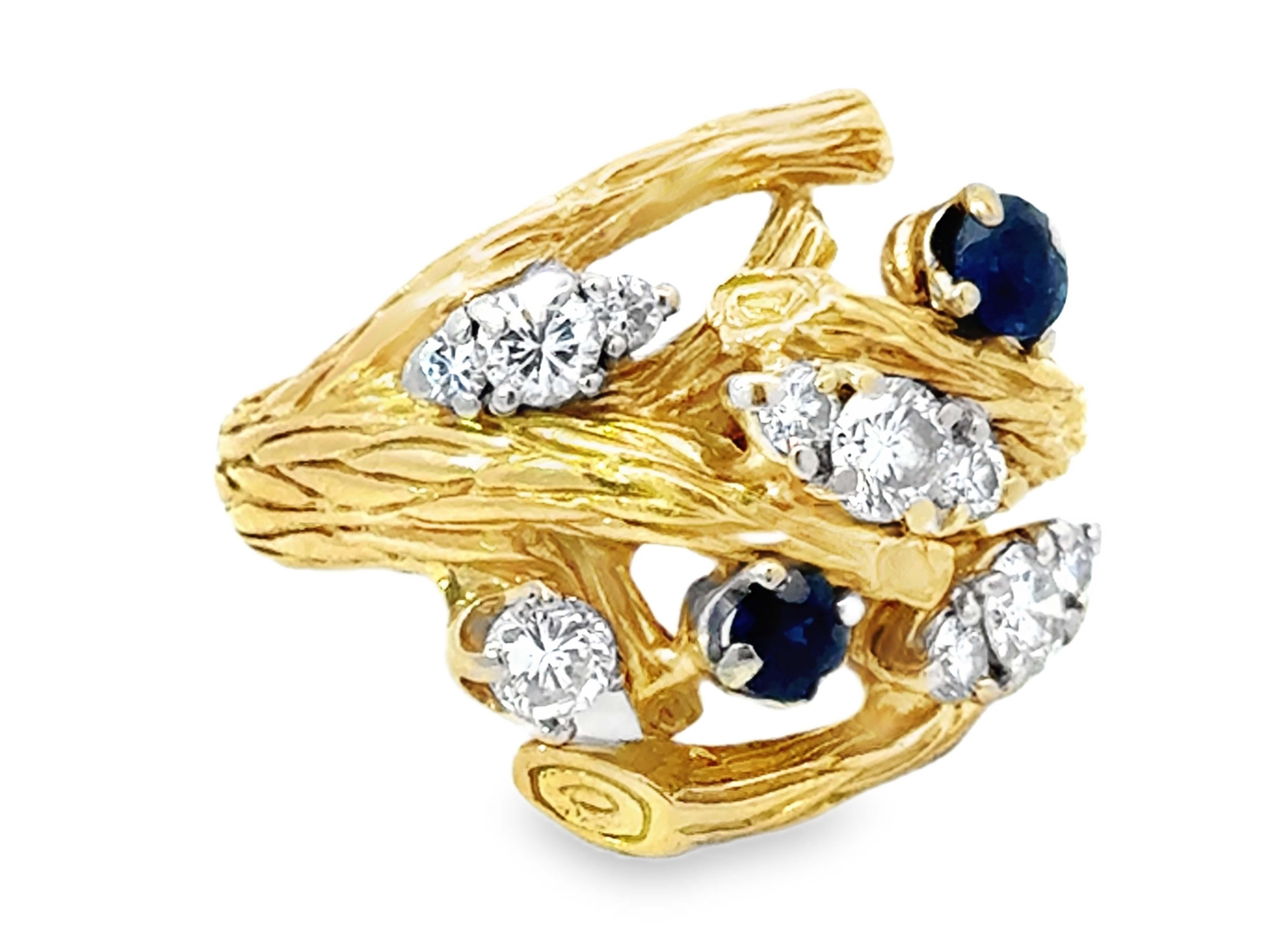 Brilliant Cut Diamond and Sapphire Cluster Branch Cocktail Ring 18k Yellow Gold For Sale