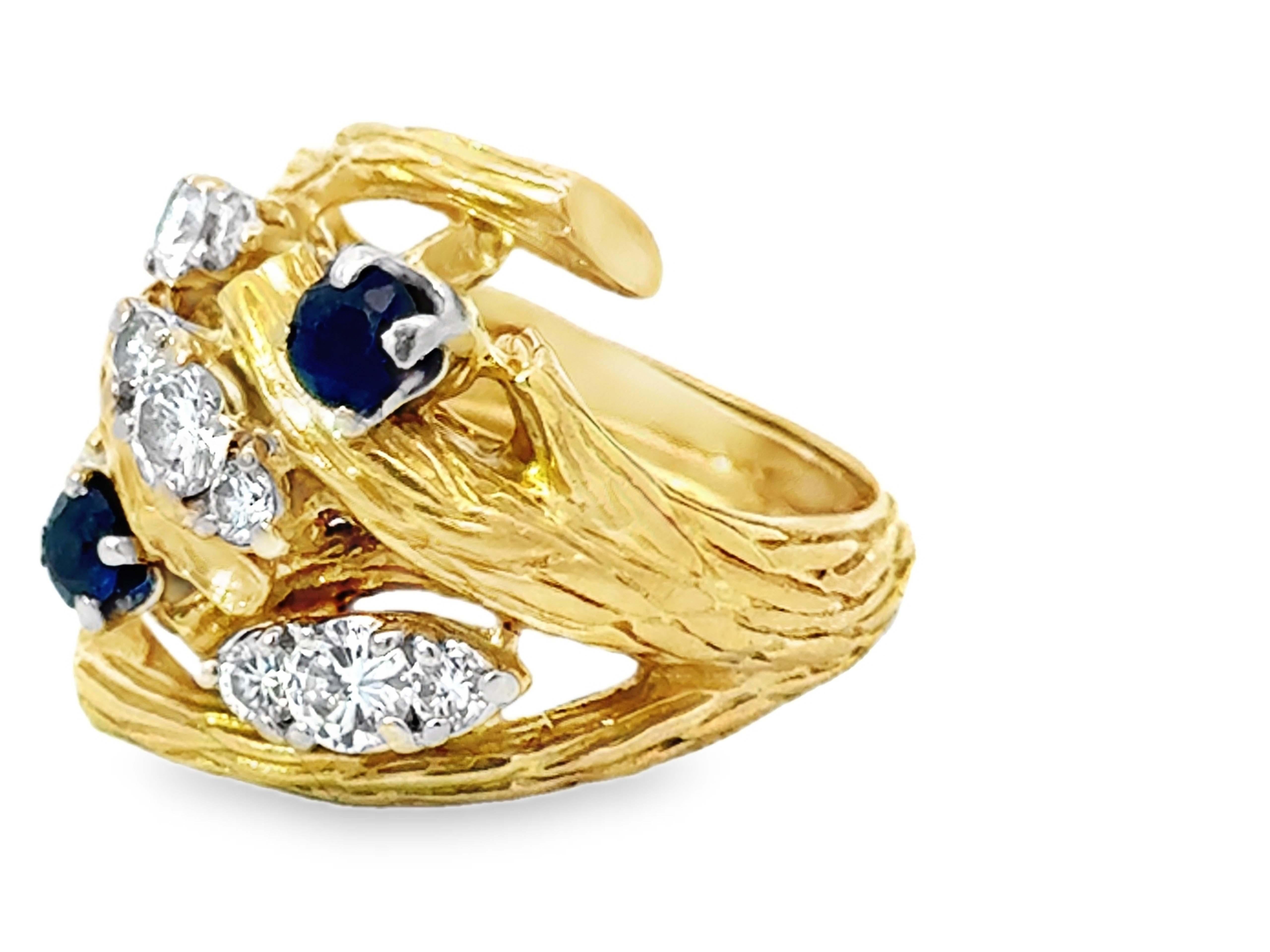 Diamond and Sapphire Cluster Branch Cocktail Ring 18k Yellow Gold In Excellent Condition For Sale In Honolulu, HI