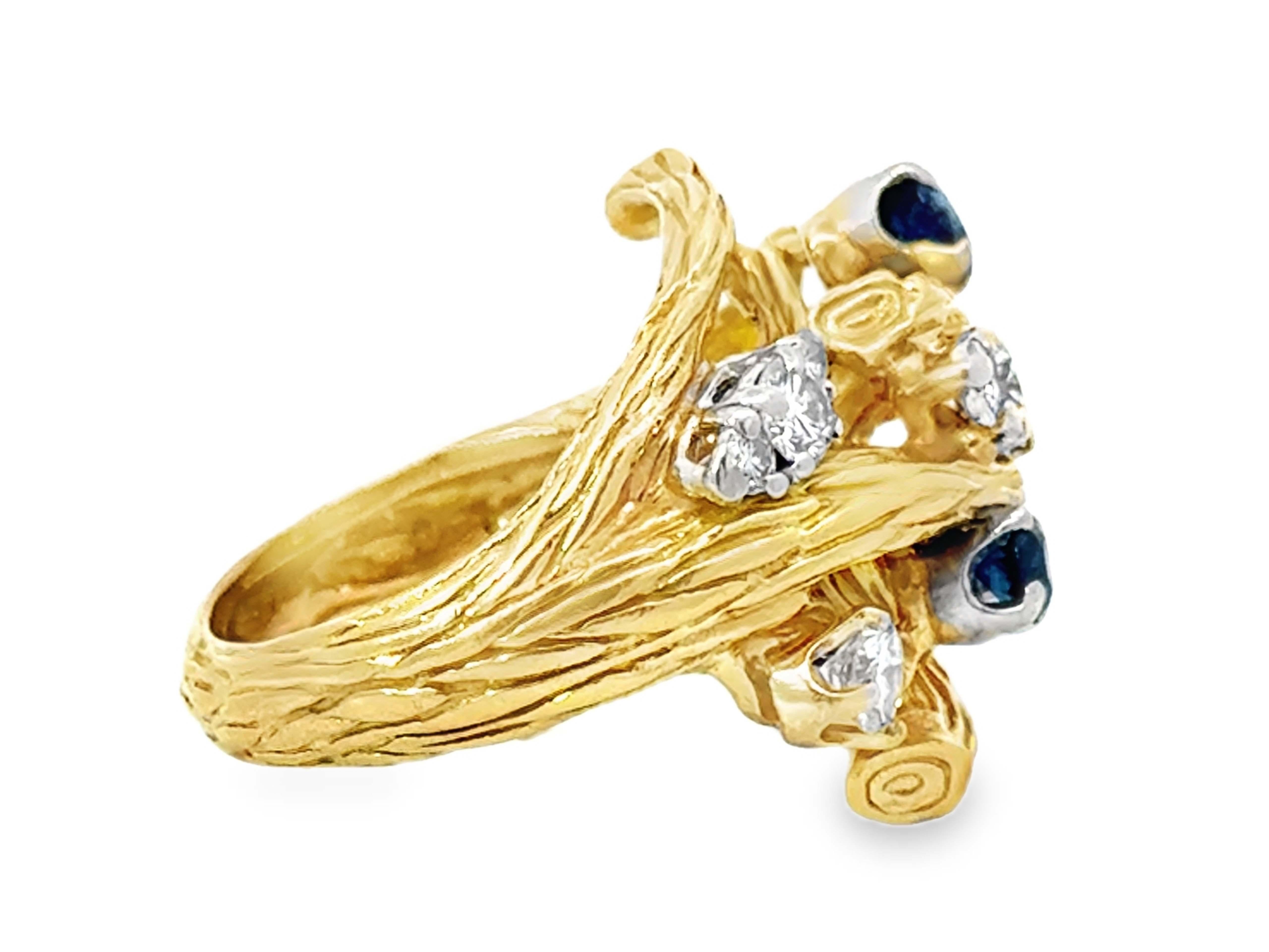 Women's or Men's Diamond and Sapphire Cluster Branch Cocktail Ring 18k Yellow Gold For Sale