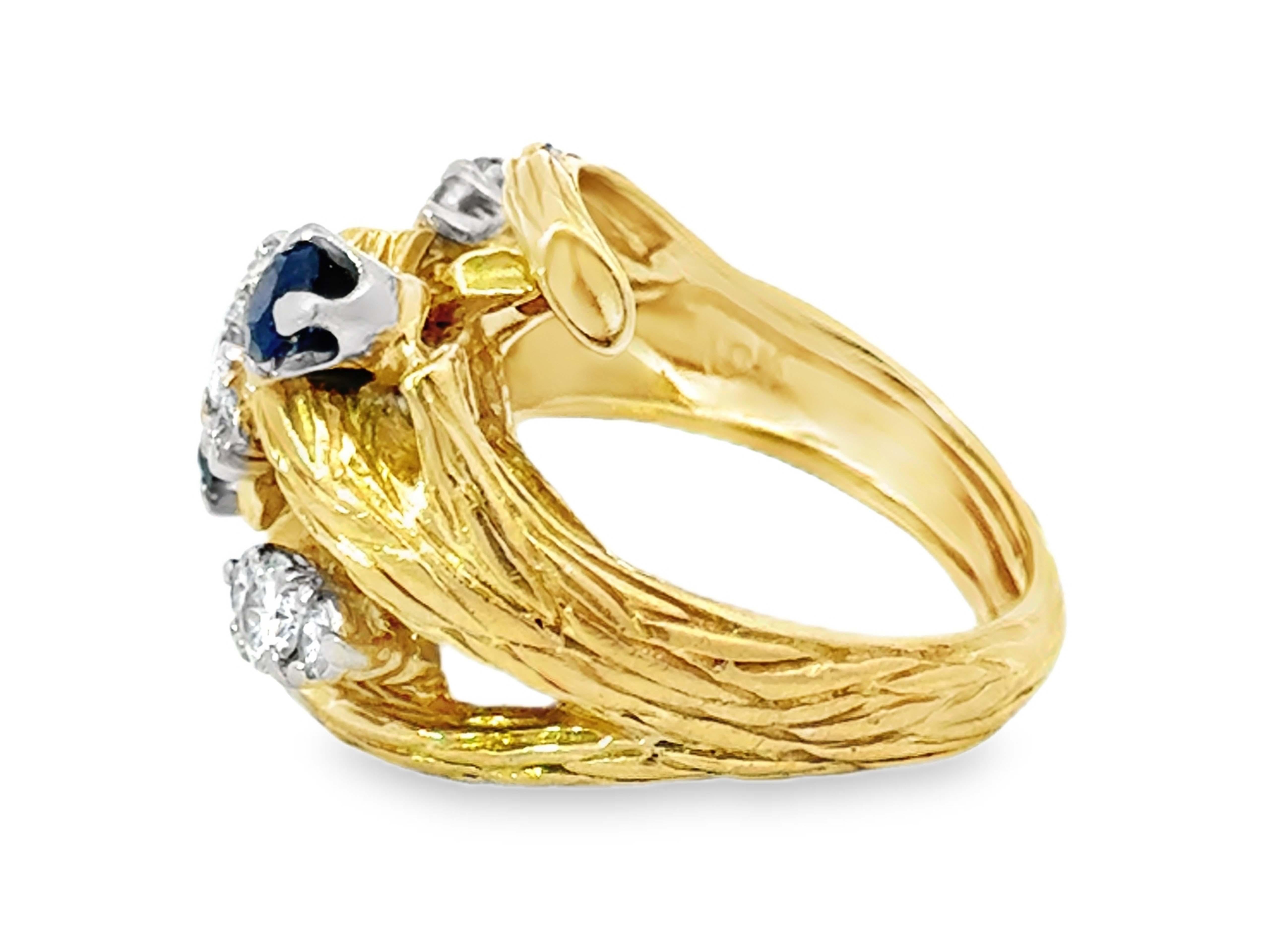 Diamond and Sapphire Cluster Branch Cocktail Ring 18k Yellow Gold For Sale 1