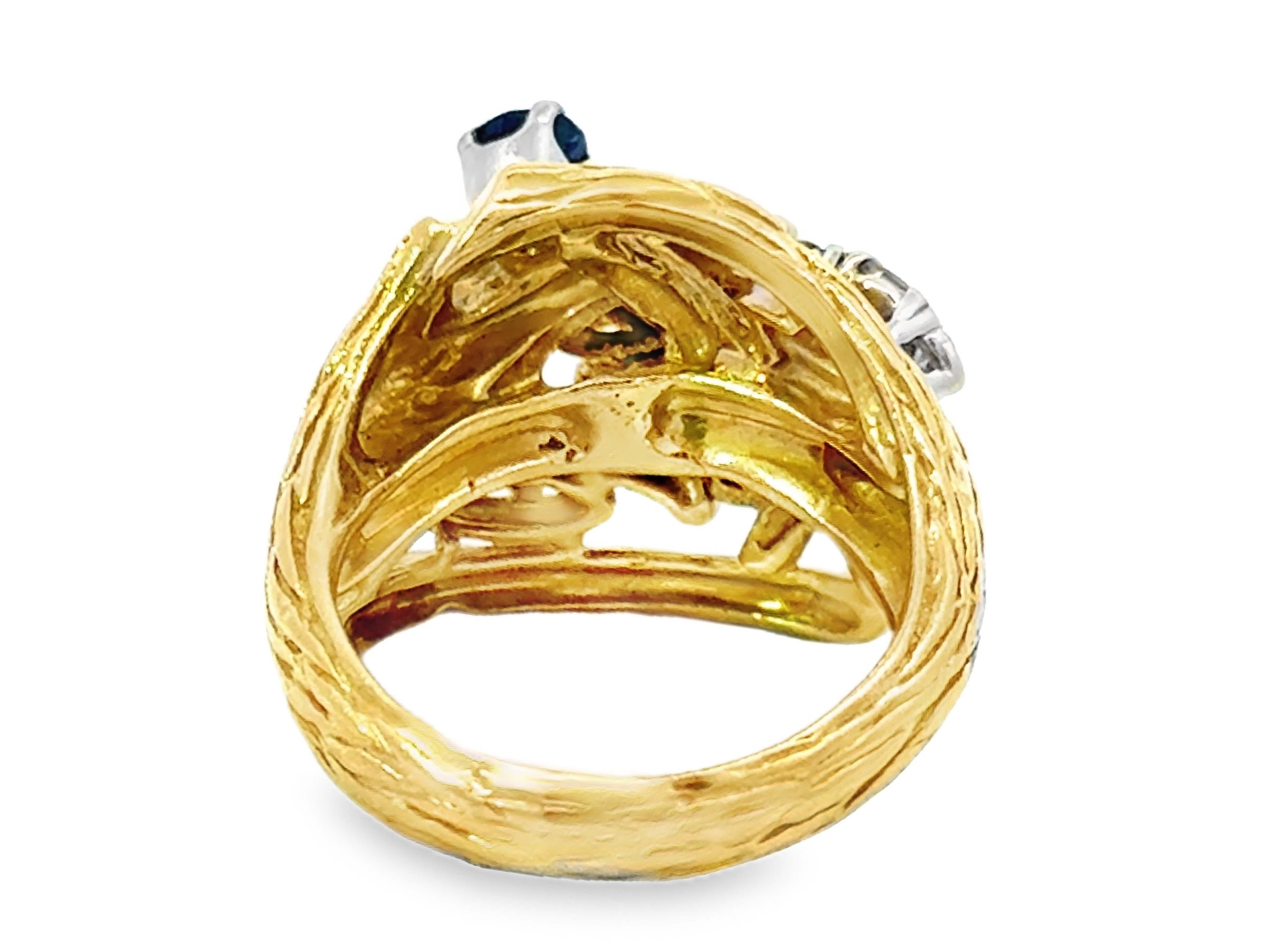 Diamond and Sapphire Cluster Branch Cocktail Ring 18k Yellow Gold For Sale 2