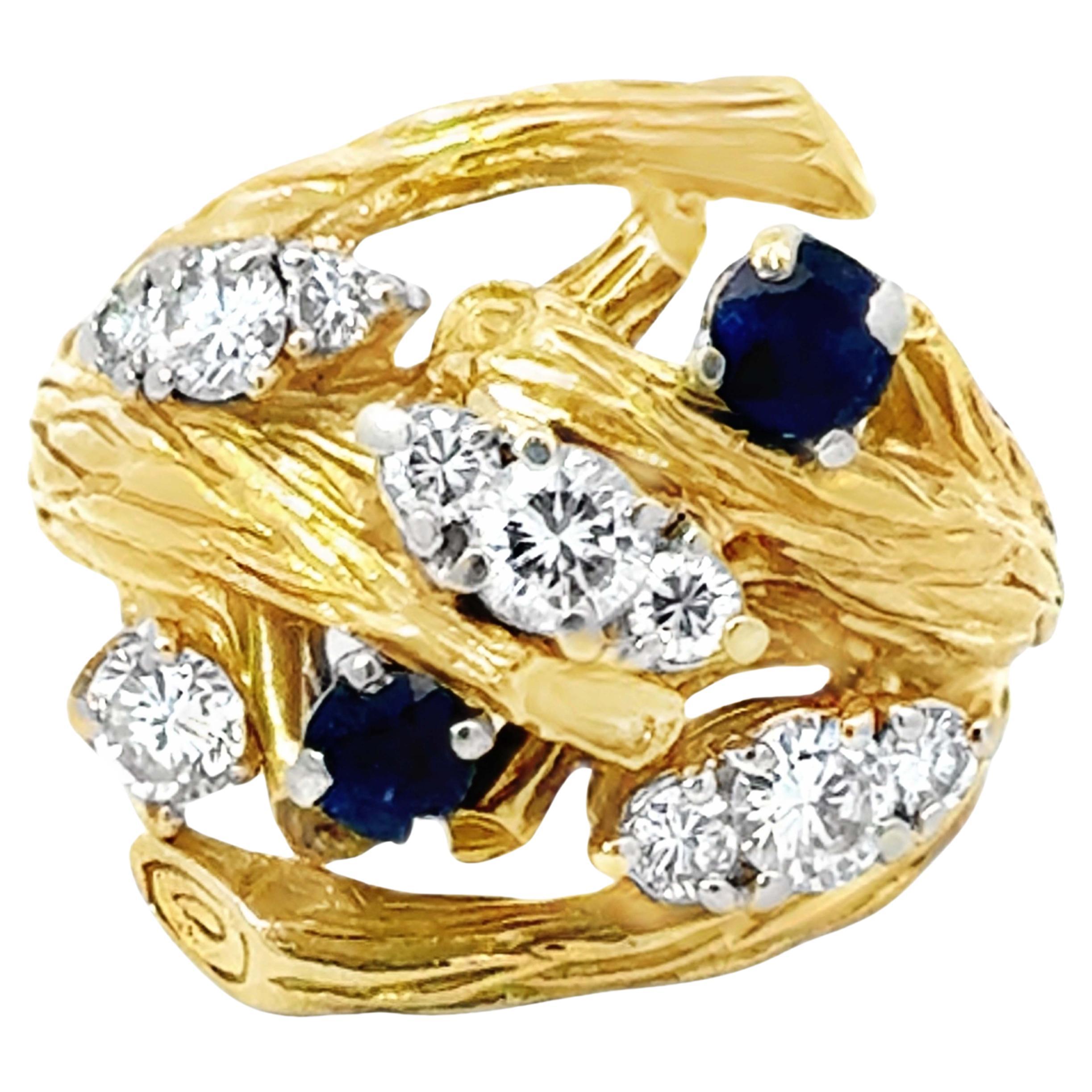 Diamond and Sapphire Cluster Branch Cocktail Ring 18k Yellow Gold