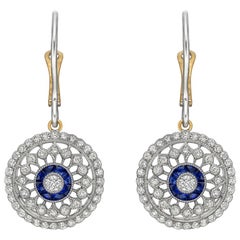 Diamond and Sapphire Cluster Drop Earrings