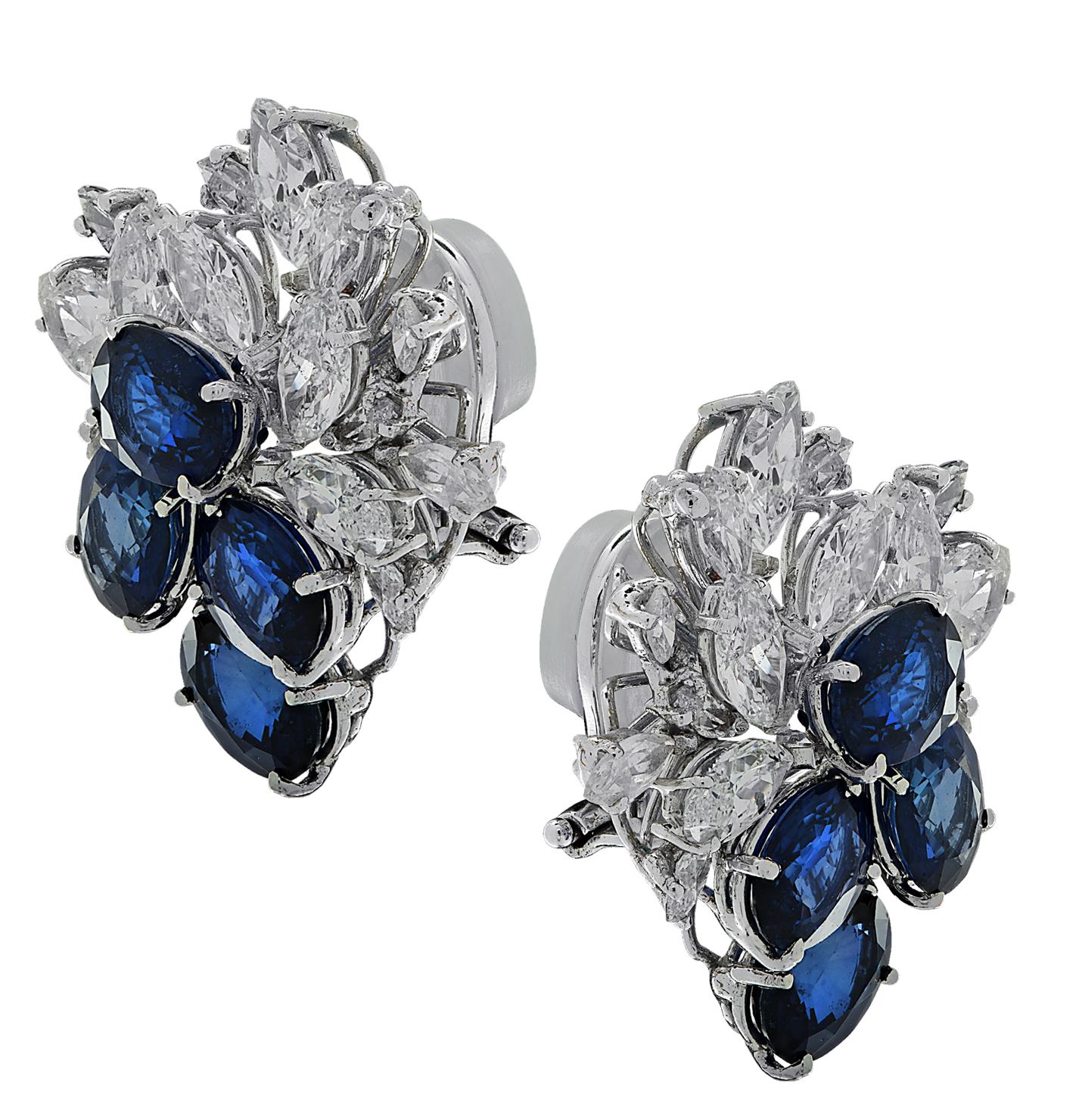 Modern Diamond And Sapphire Cluster Earrings 