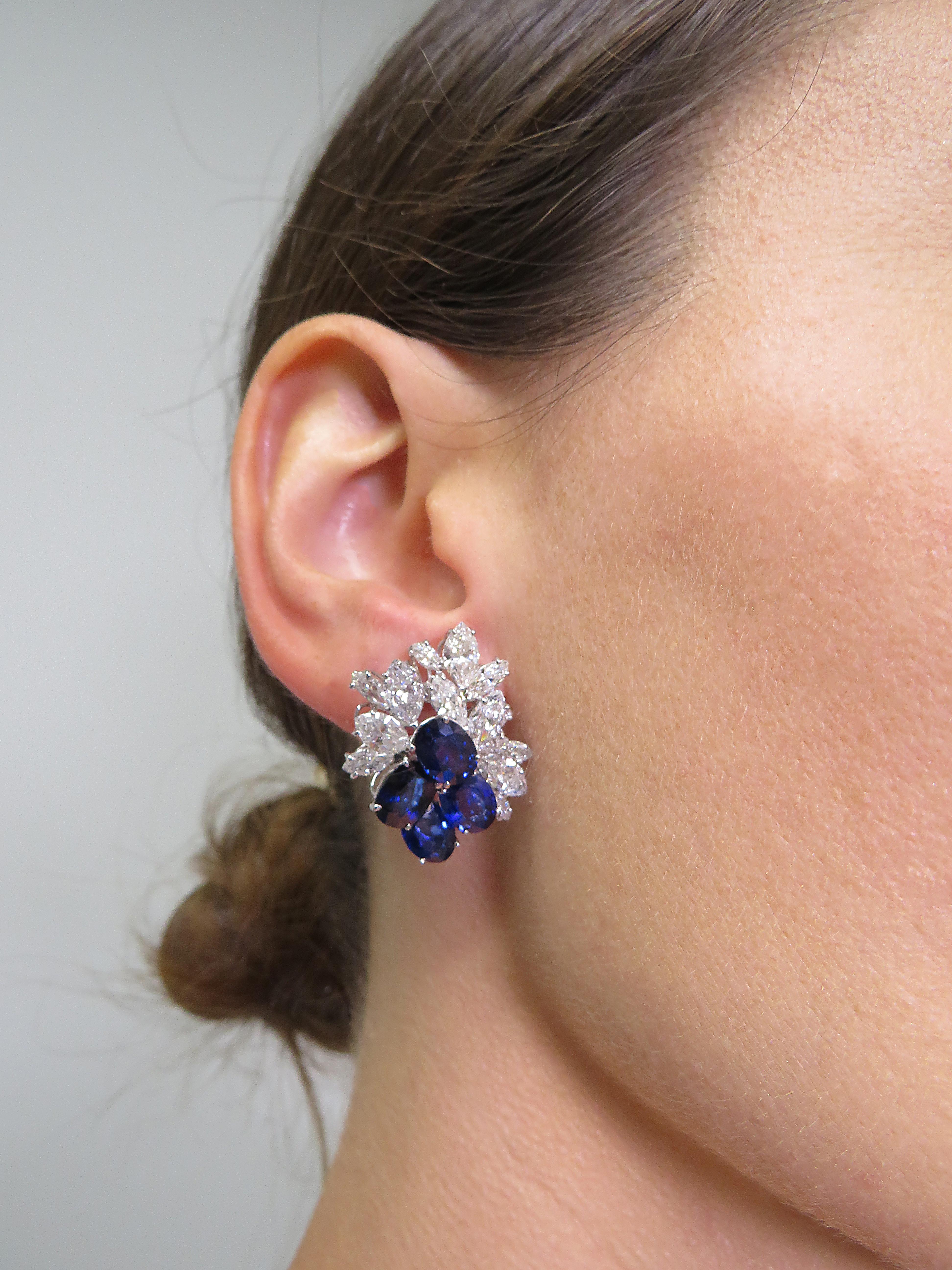 Oval Cut Diamond And Sapphire Cluster Earrings 