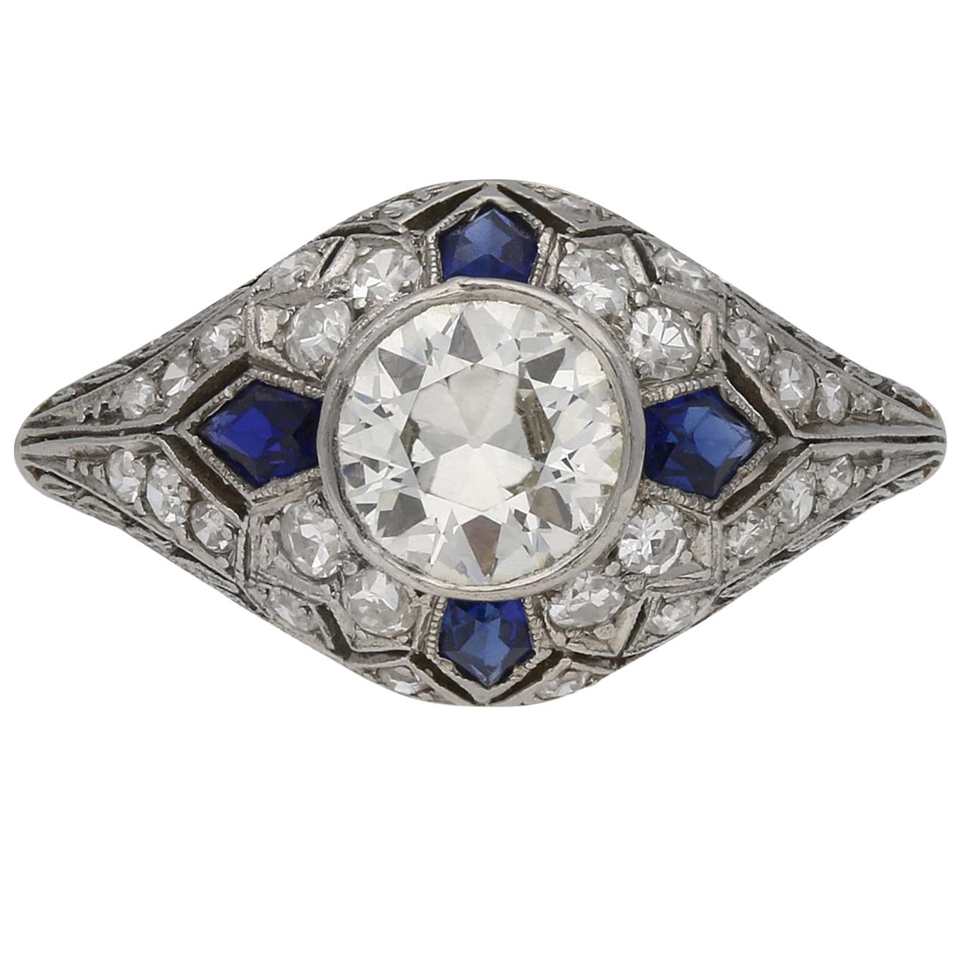 Diamond and Sapphire Cluster Ring, circa 1920 For Sale