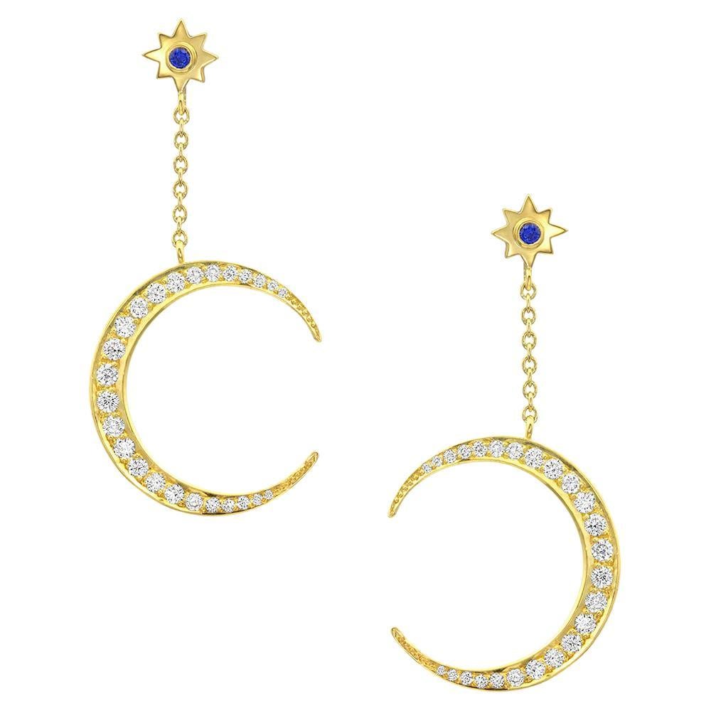 Diamond and Sapphire Crescent Moon and Star Earrings For Sale
