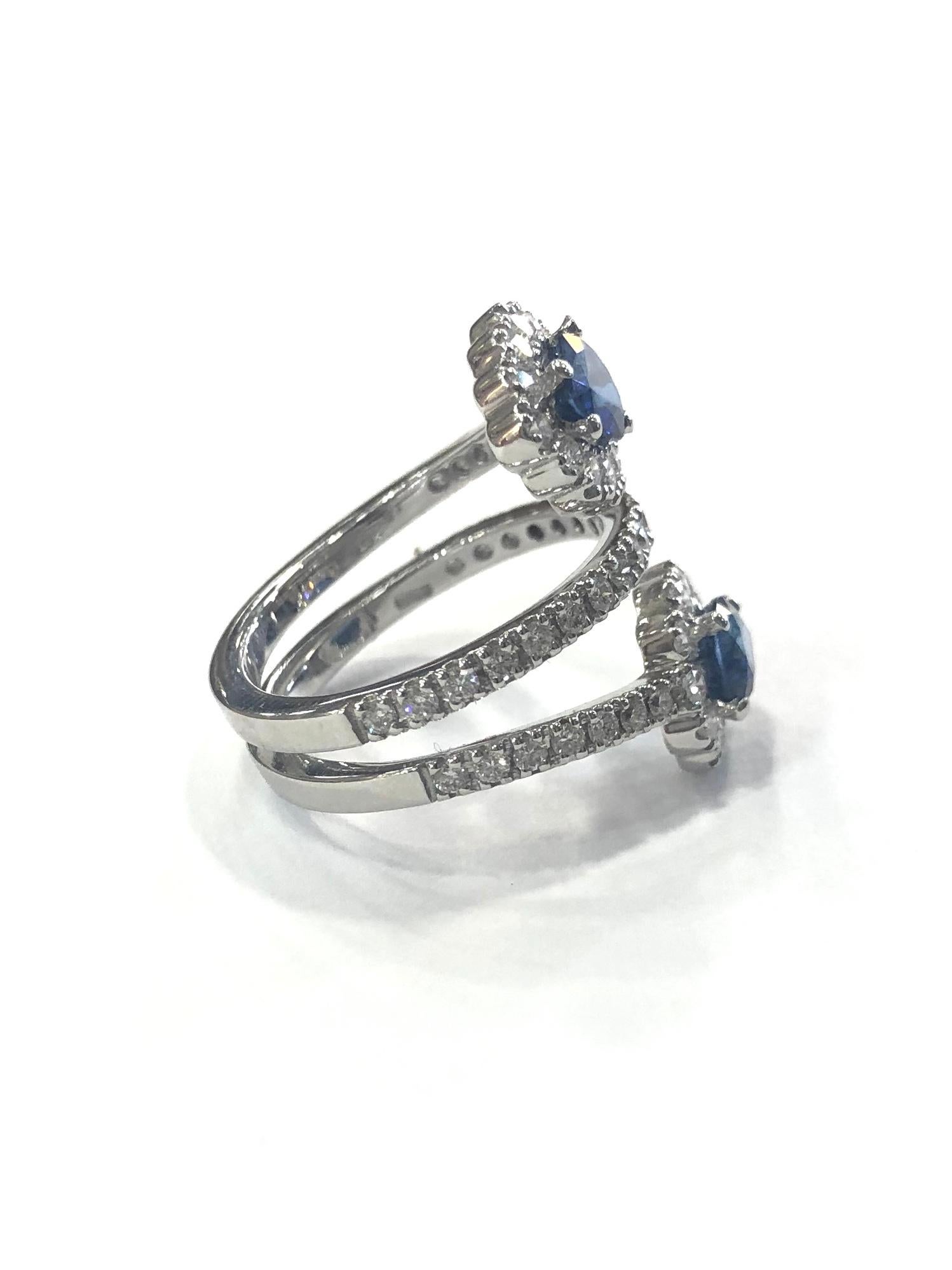 Pear Cut Diamond and Sapphire Crossover Cocktail Ring 18 Carat White Gold For Sale
