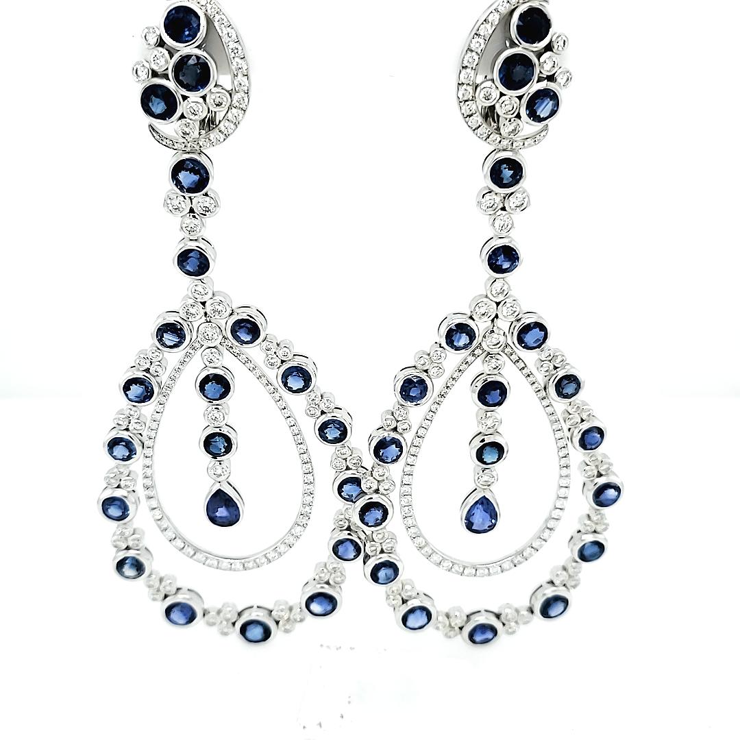 Round Cut Diamond and Sapphire Dangle Earrings For Sale