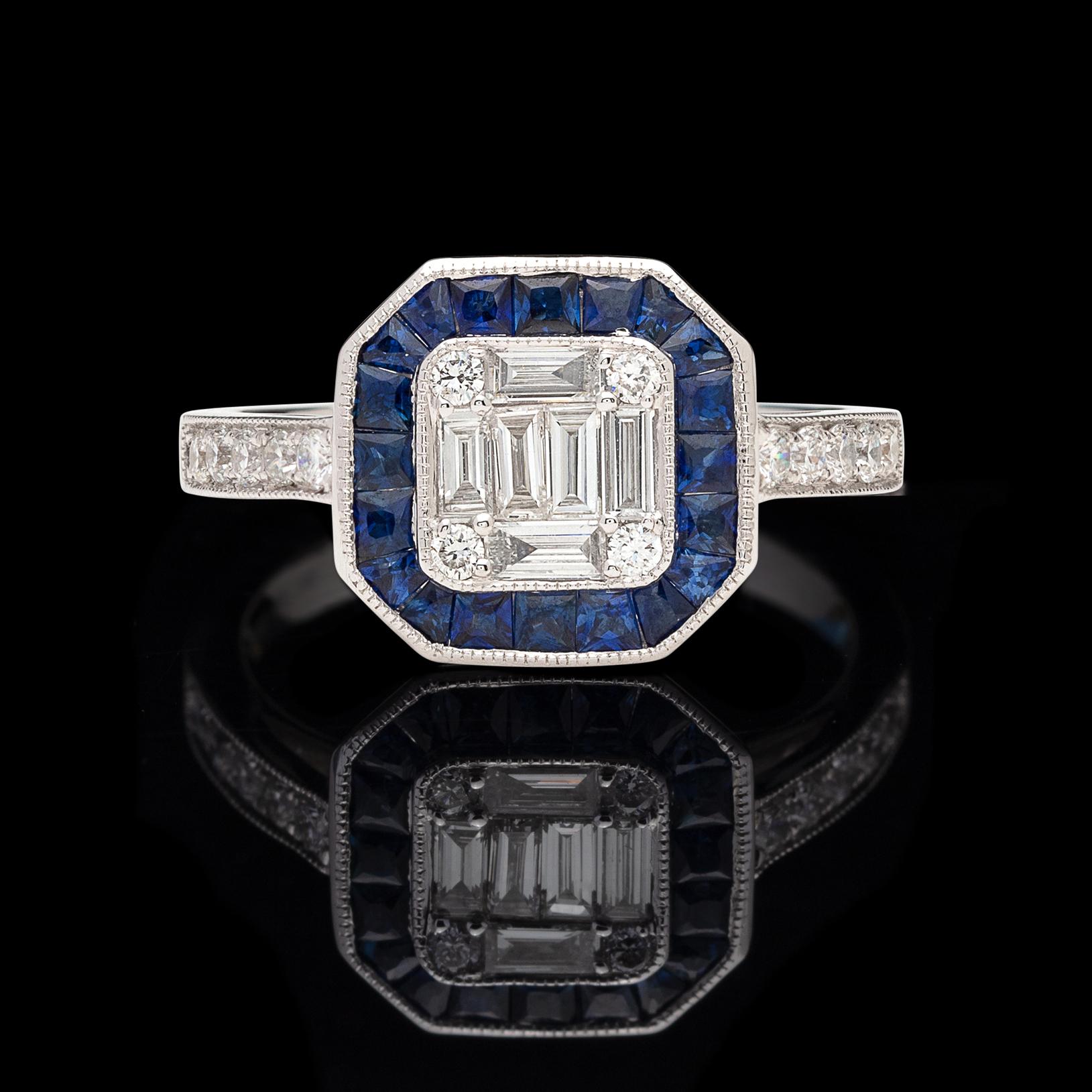 Mixed Cut Diamond and Sapphire Deco Style Ring