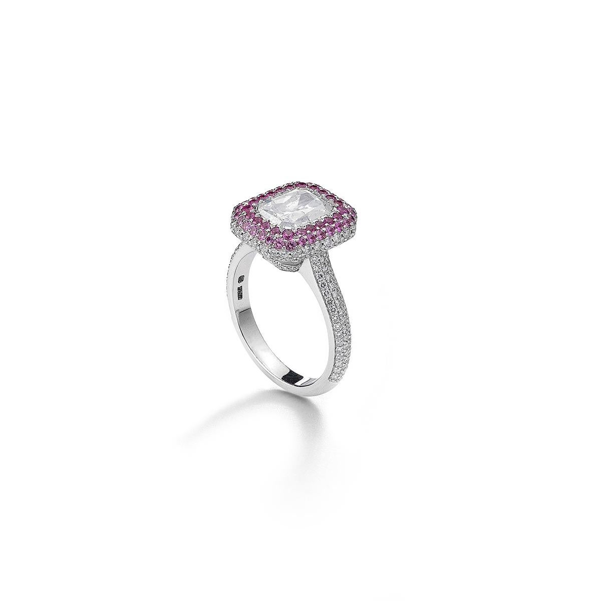 Ring in 18kt white gold set with one Fancy While Even diamond 2.00 cts, 52  pink sapphires 0.56 cts and 172 diamonds 0.79 cts gia Certificate Size 53               