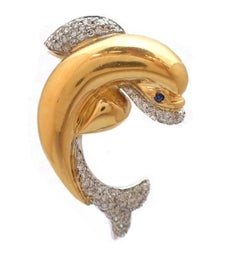 Diamond and Sapphire Dolphin Pin in 18 Karat Yellow Gold