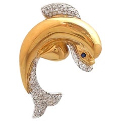 Diamond and Sapphire Dolphin Pin in 18 Karat Yellow Gold