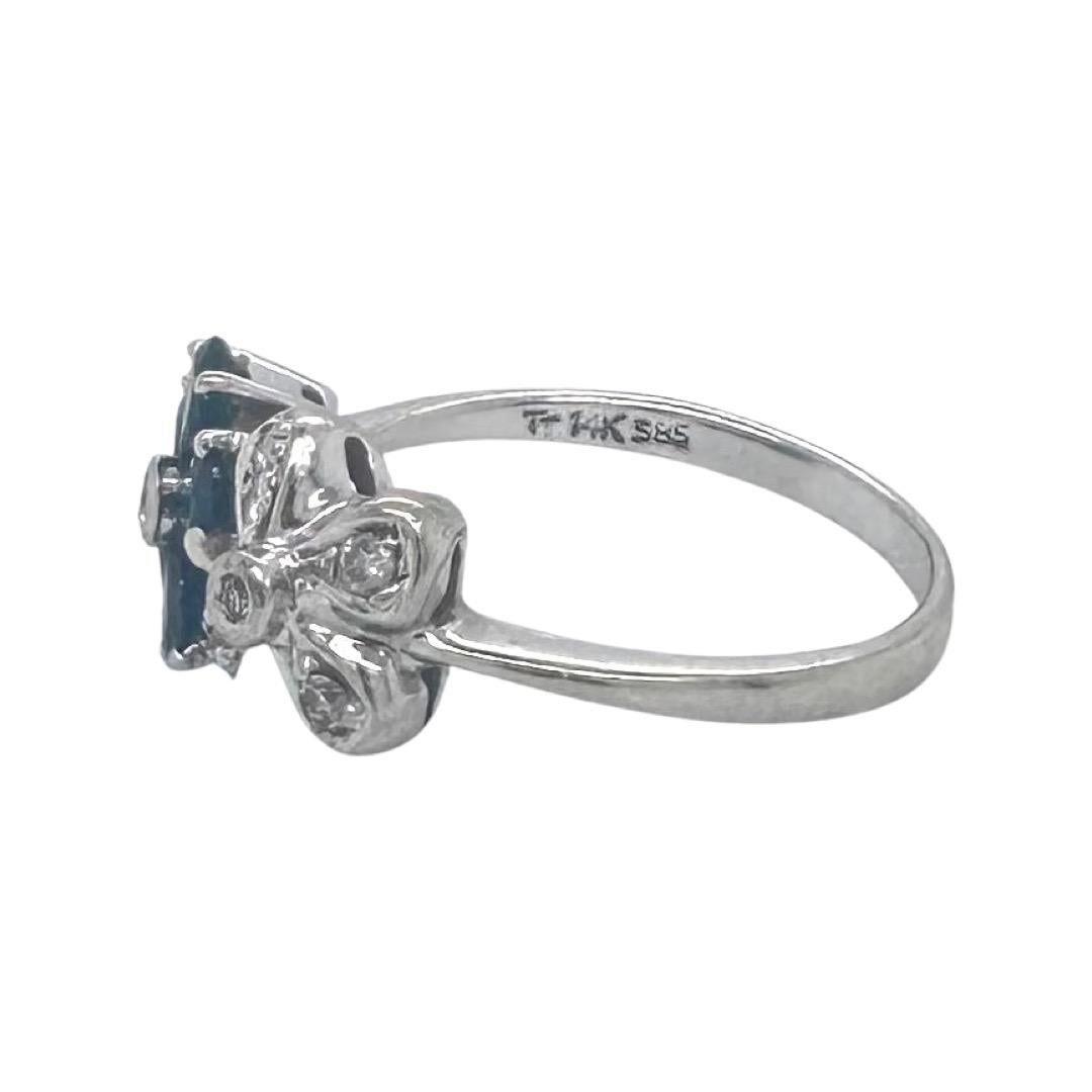 Round Cut Diamond and Sapphire Double Flower Ring in 14k White Gold For Sale