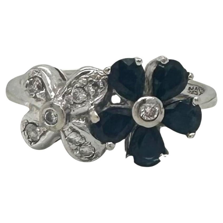 Diamond and Sapphire Double Flower Ring in 14k White Gold For Sale