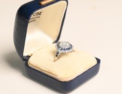 Diamond and Sapphire Double Halo Ring. Round Cluster Platinum Engagement Ring