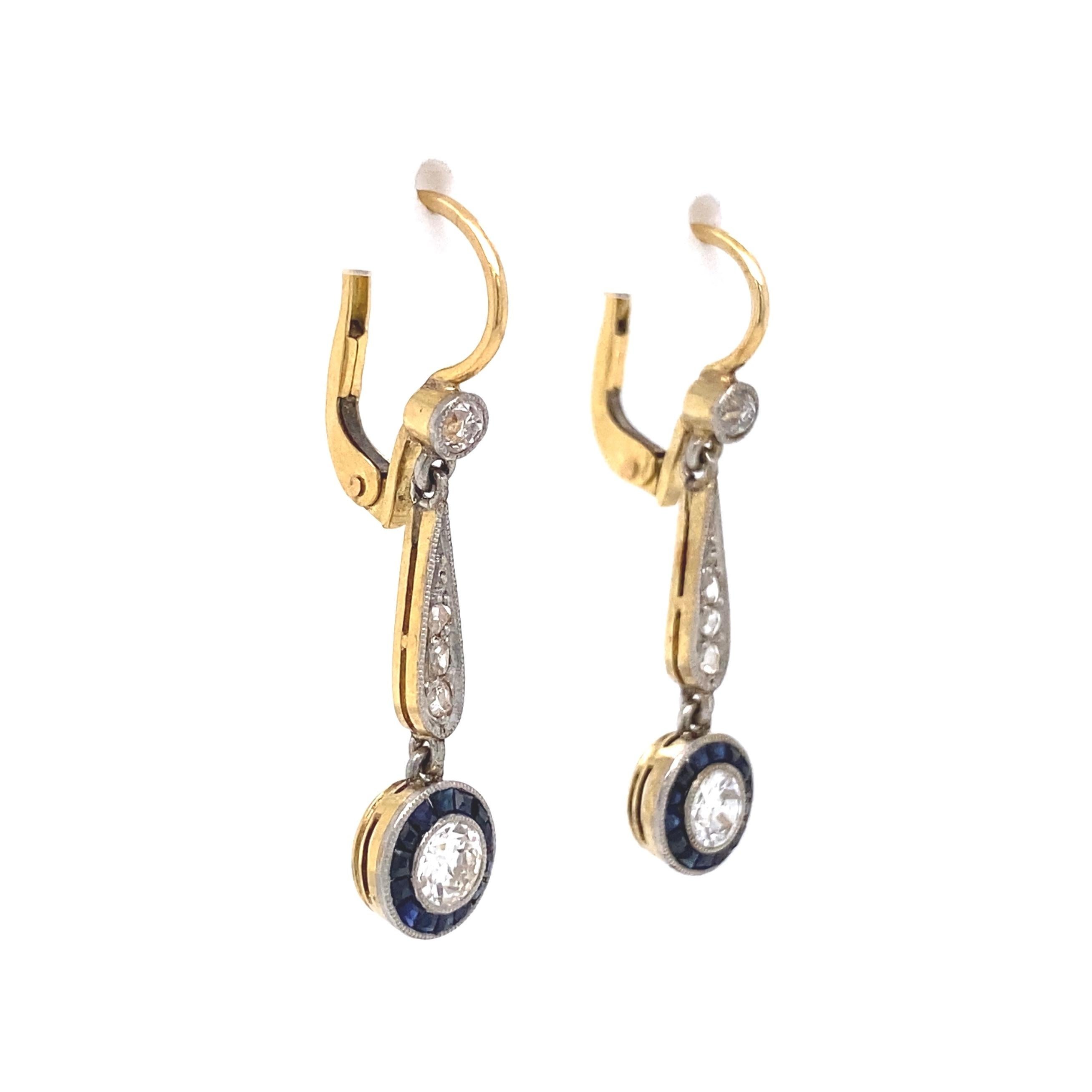 Women's Diamond and Sapphire Edwardian Platinum Halo Drop Earrings Fine Estate Jewelry