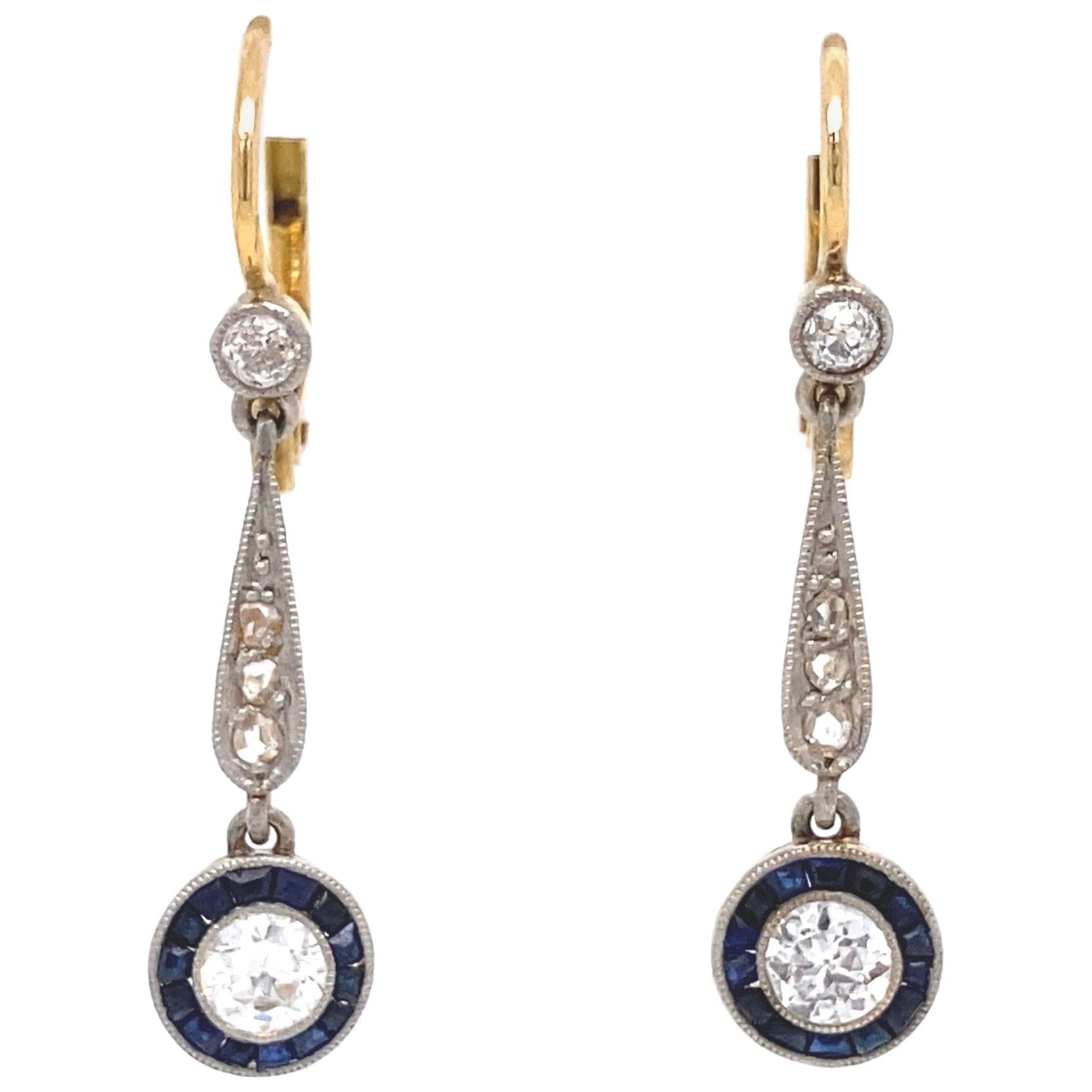 Diamond and Sapphire Edwardian Platinum Halo Drop Earrings Fine Estate Jewelry