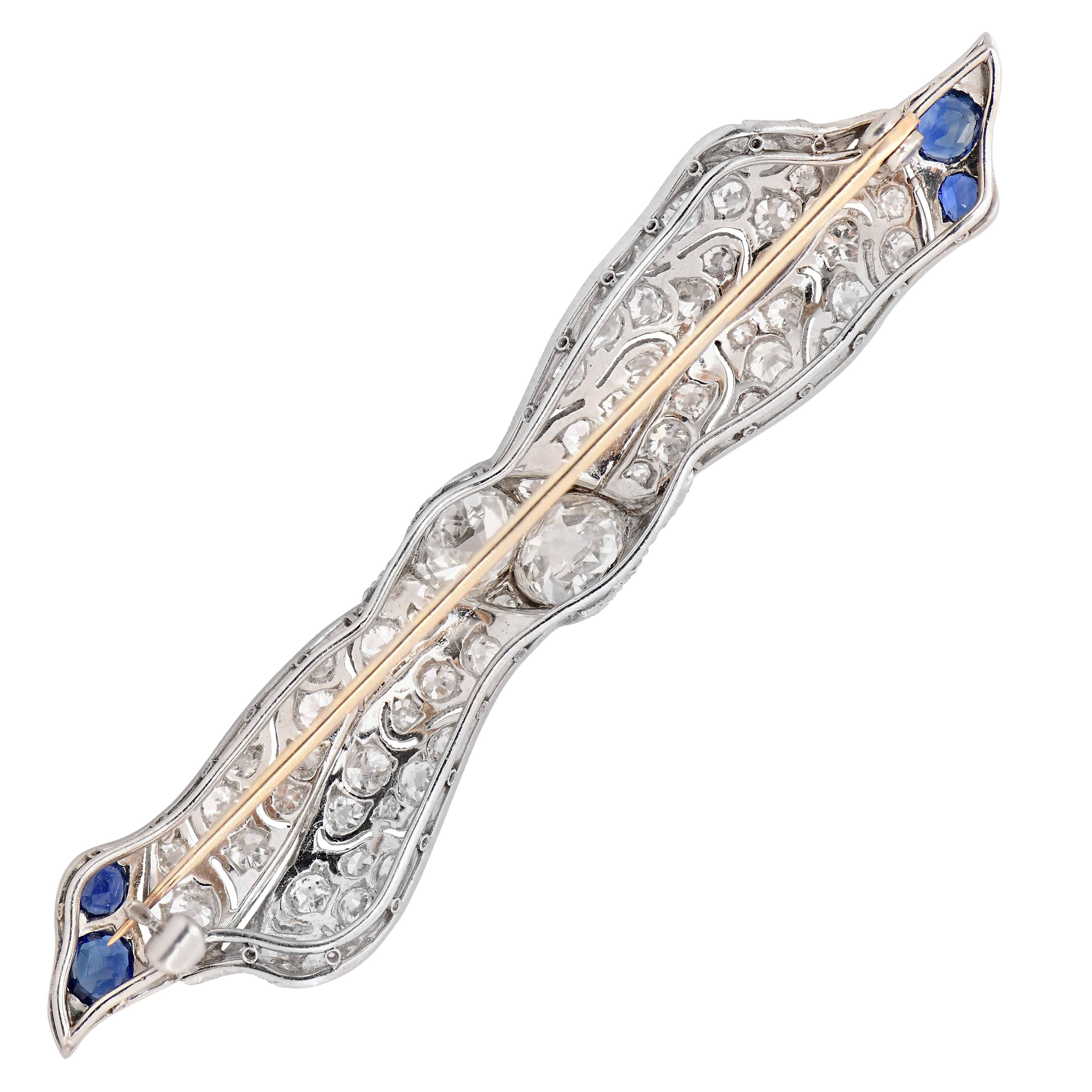 Old Mine Cut Diamond and Sapphire Edwardian Ribbon Platinum Pendant and Brooch For Sale