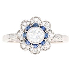 Diamond and Sapphire Floral Halo Ring, 14 Karat Gold Round Brilliant .82 Carat