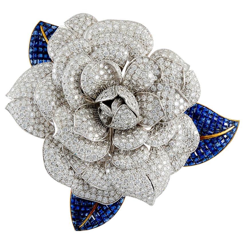 Diamond and Sapphire Flower Brooch For Sale
