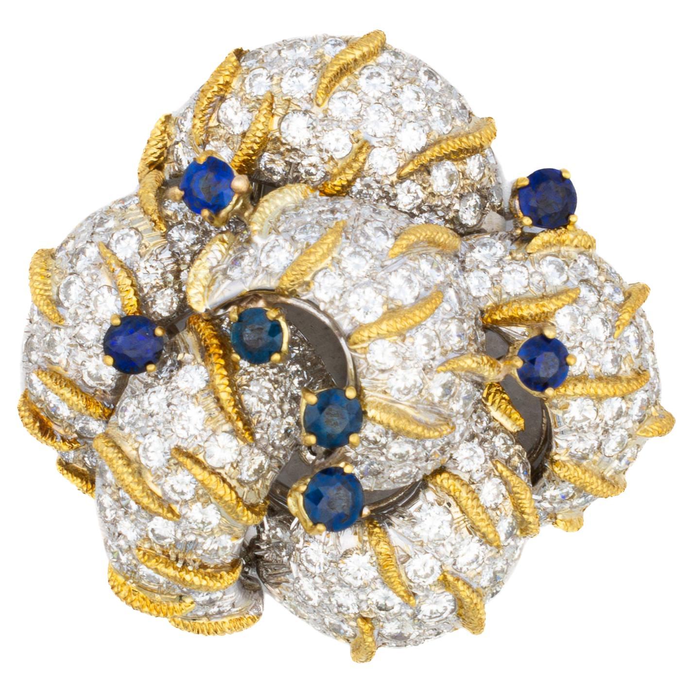 Diamond and Sapphire Flower Brooch
