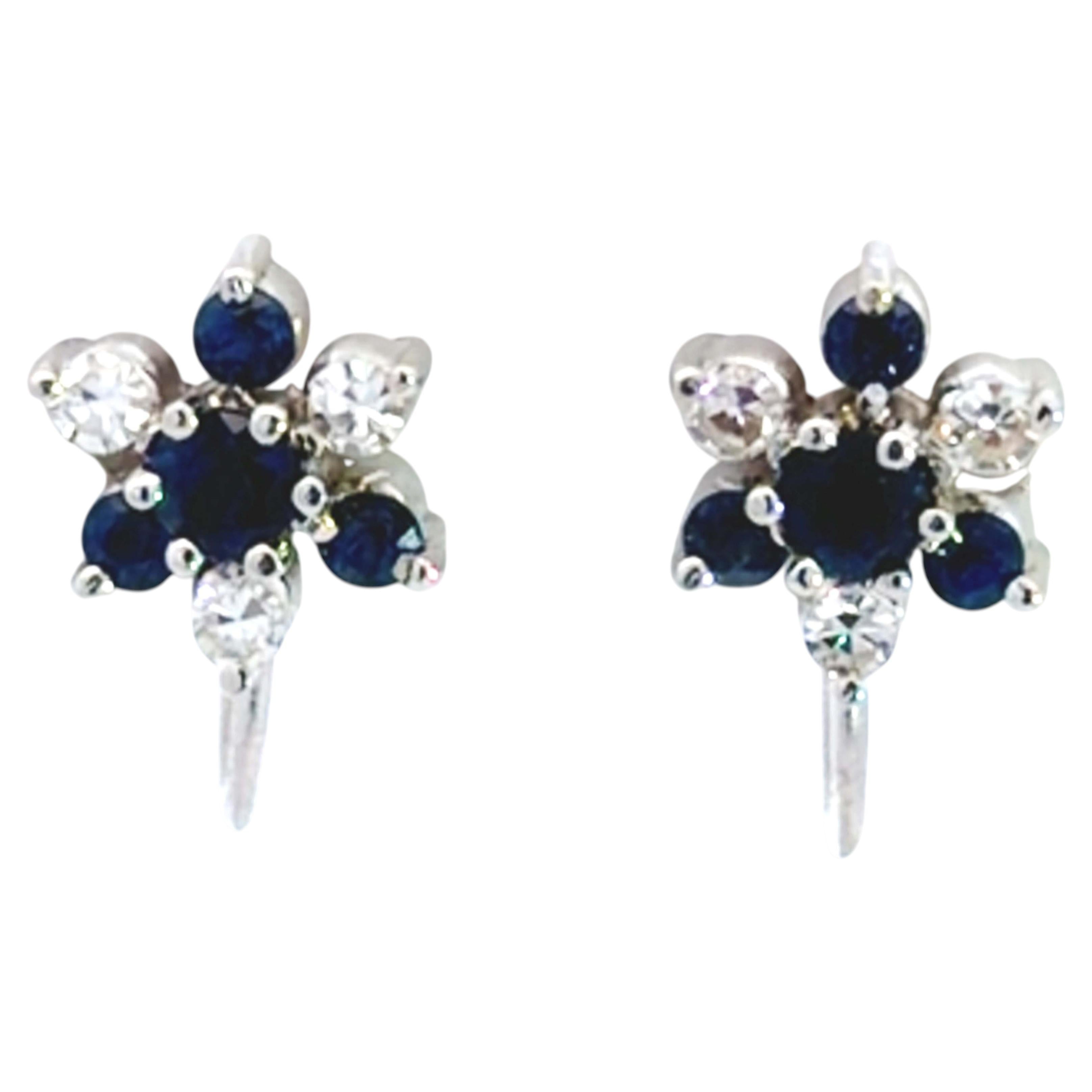 Pendientes Flor Diamante y Zafiro Oro Blanco 14K en venta