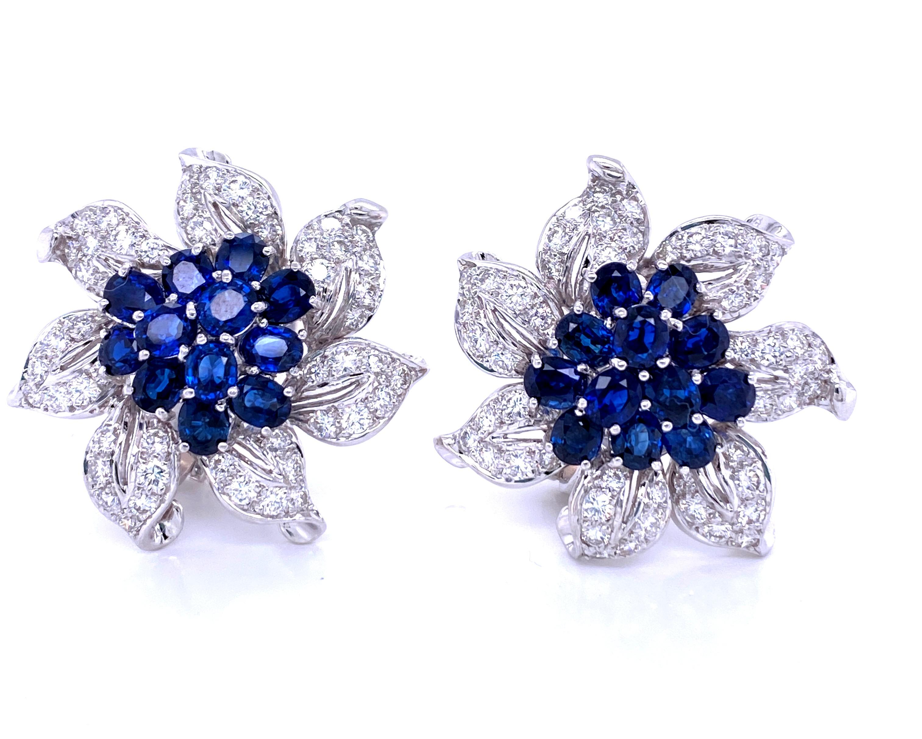 Oval Cut Diamond and Sapphire Flower Earrings