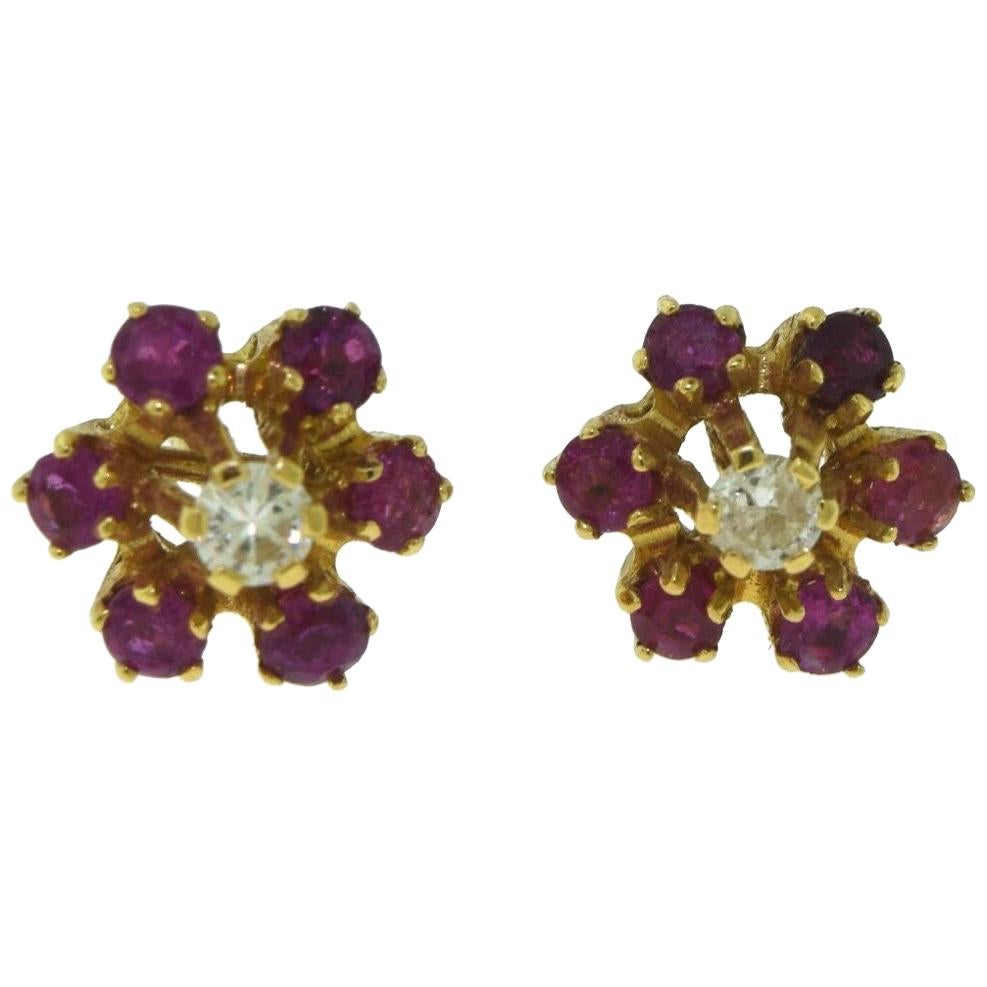  Diamond and Sapphire Flower Yellow Gold Earrings For Sale