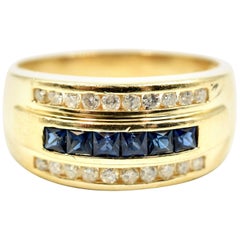 Diamond and Sapphire Gents Ring 14 Karat Yellow Gold