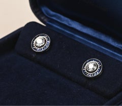Diamond and Sapphire Halo Earrings. 1TCW Old European Cut Platinum Stud I VS2