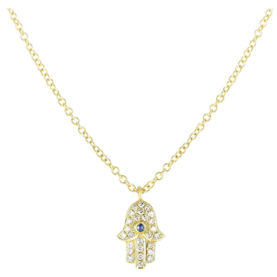 Diamond and Sapphire Hamsa Necklace, 14 Karat Gold, Ben Dannie